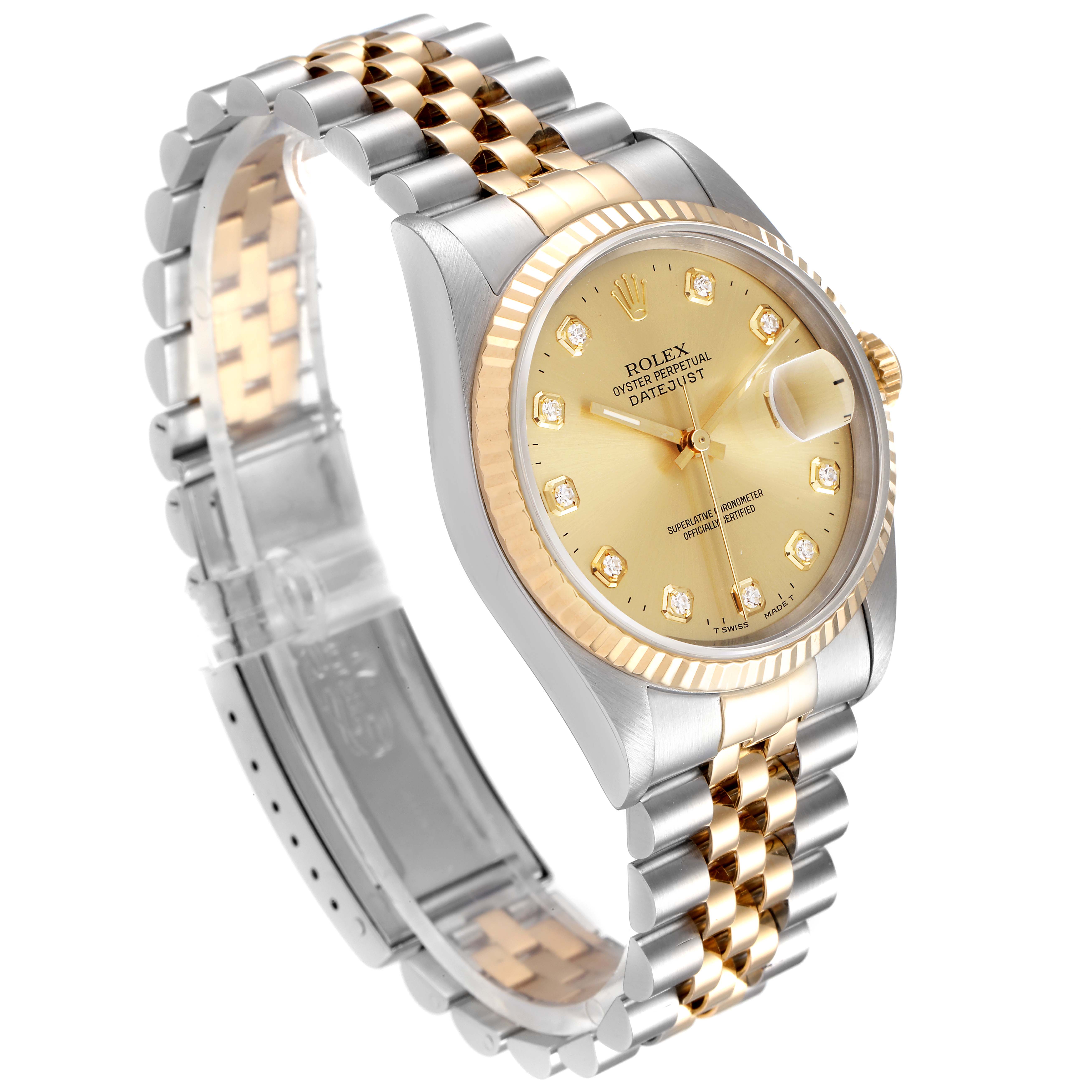 The Rolex Datejust 16233 Men's Steel and Gold (two tone) Champagne Dial 16233 Men's Steel and Gold (two tone) Champagne Dial watch is shown at a slight angle, highlighting its champagne dial, diamond hour markers, and two-tone bracelet.
