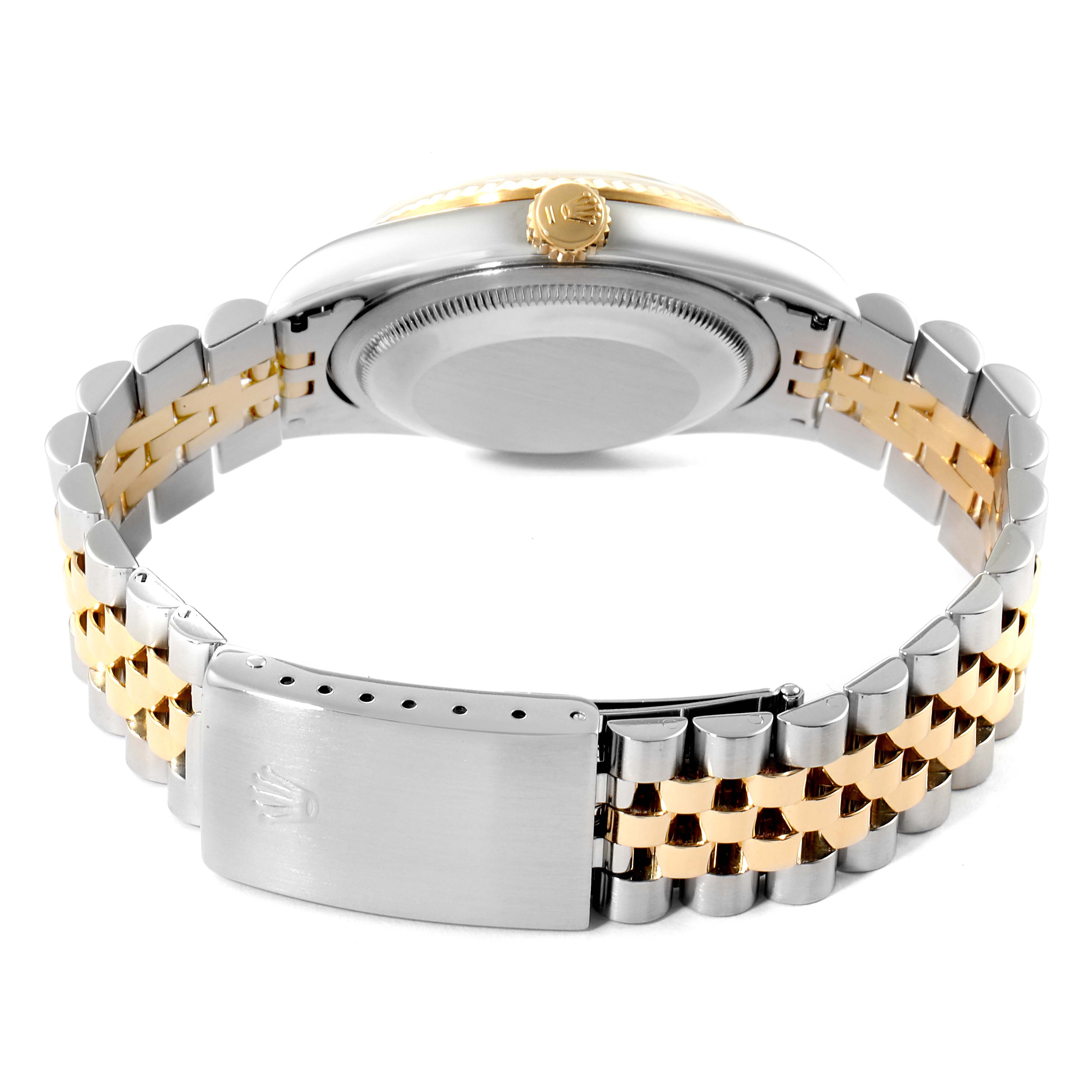 The image shows the back view of the Rolex Datejust 16233 Men's Steel and Gold (two tone) Champagne Dial 16233 Men's Steel and Gold (two tone) Champagne Dial watch, highlighting its case, crown, and two-tone bracelet.