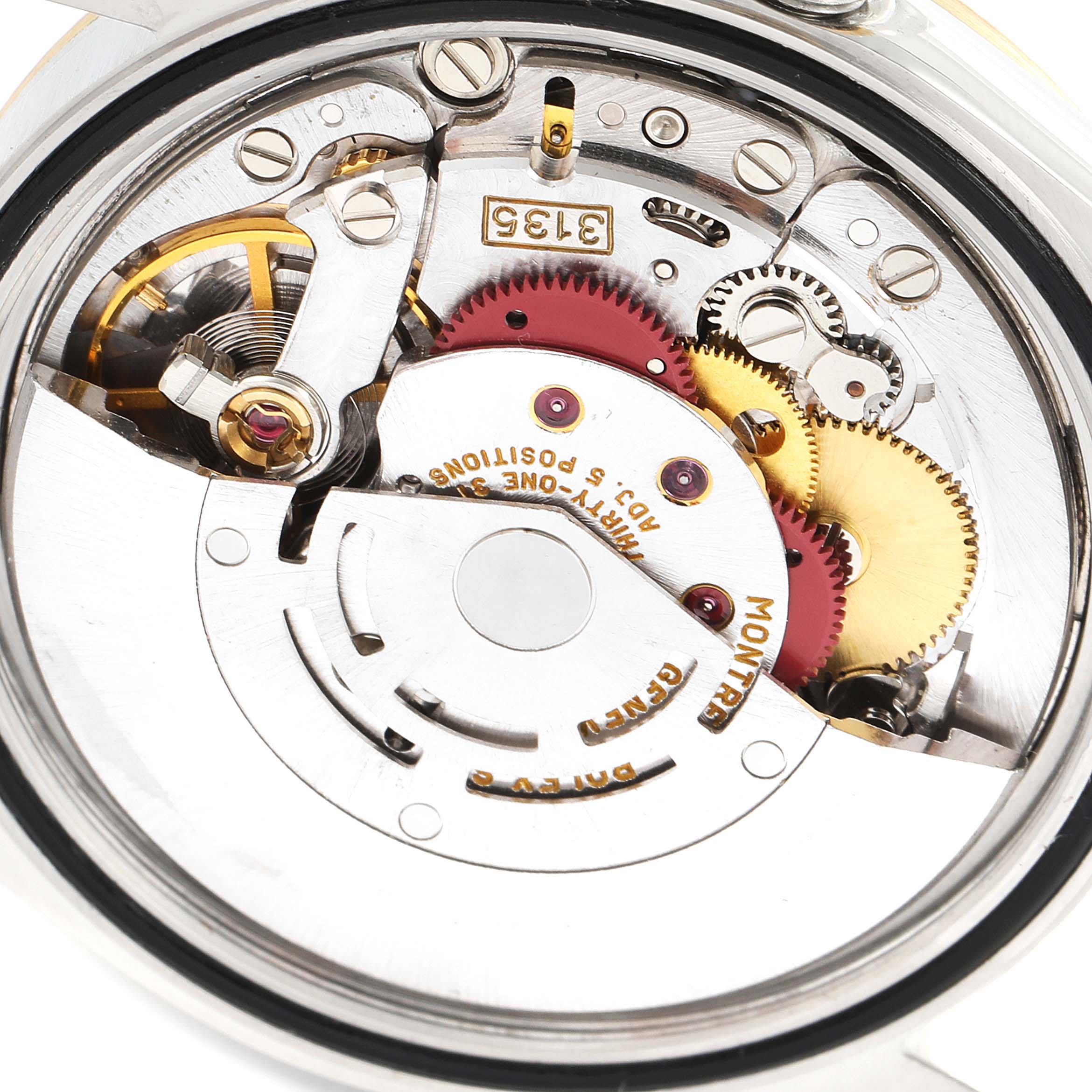 The image shows the internal mechanical movement of a Rolex Datejust 16233 Men's Steel and Gold (two tone) Champagne Dial 16233 Men's Steel and Gold (two tone) Champagne Dial watch from a close-up, rear angle.