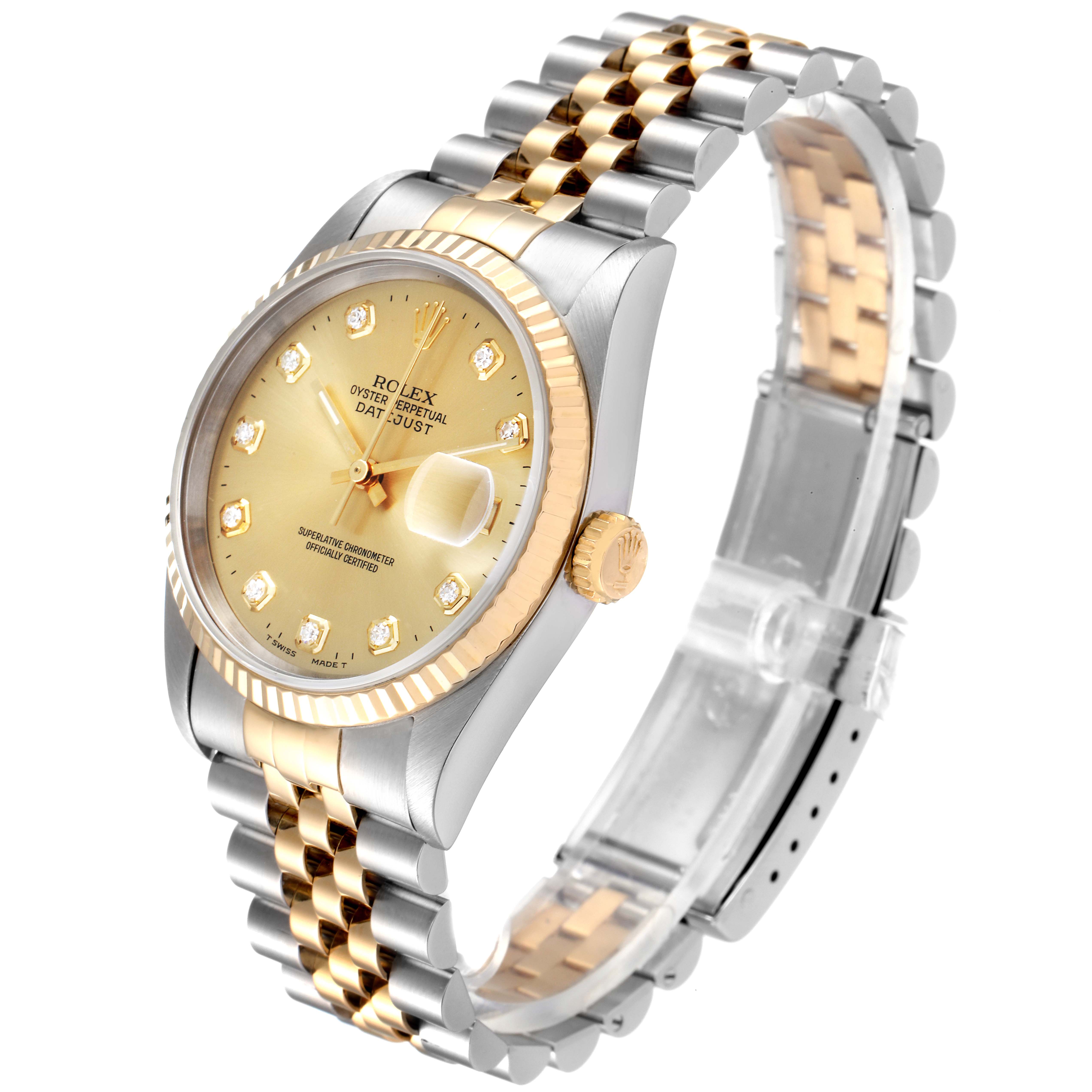 The image shows a Rolex Datejust 16233 Men's Steel and Gold (two tone) Champagne Dial 16233 Men's Steel and Gold (two tone) Champagne Dial watch at a three-quarter angle, highlighting the face, bezel, crown, and two-tone Jubilee bracelet.