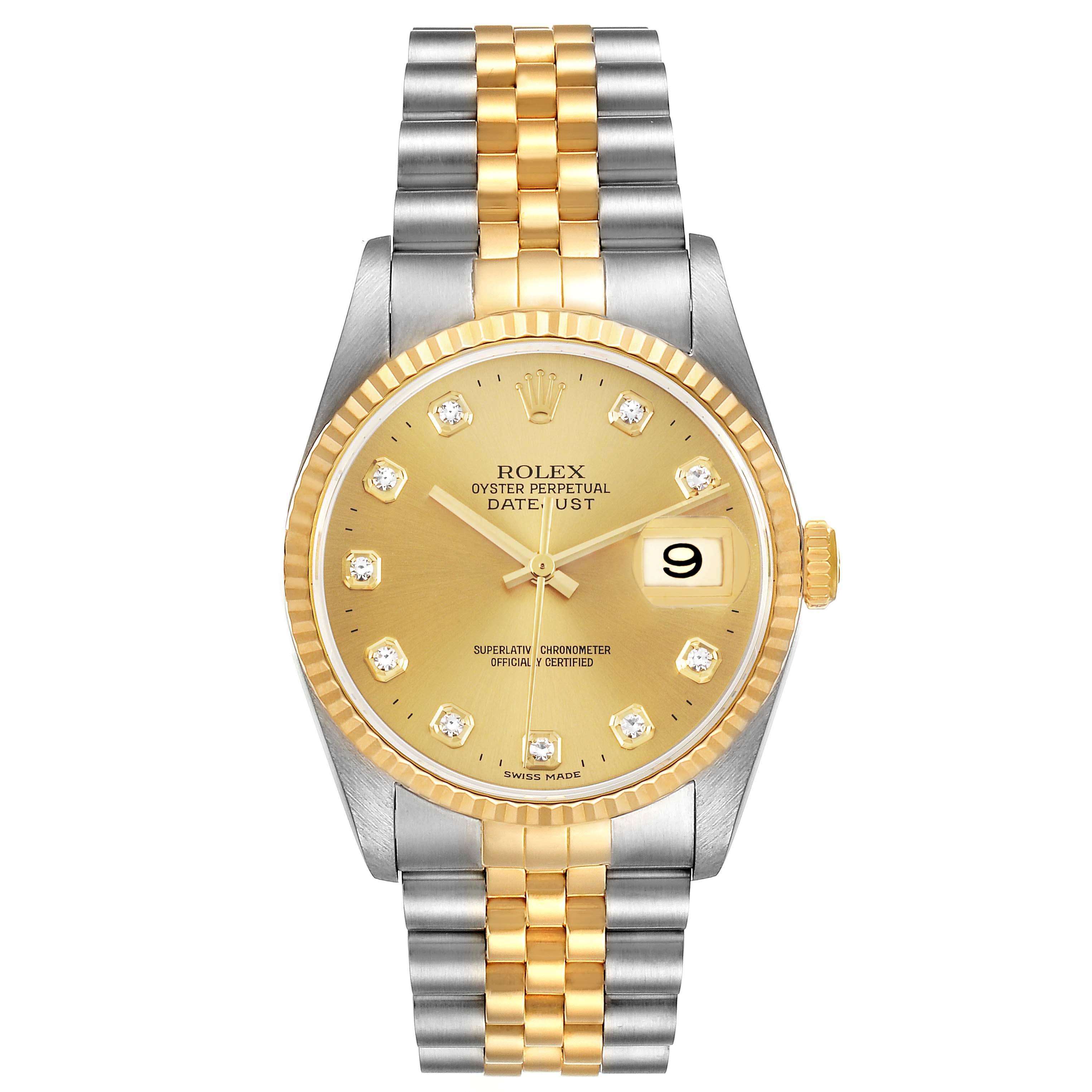 The image shows the Rolex Datejust 16233 Men's Steel and Gold (two tone) Champagne Dial 16233 Men's Steel and Gold (two tone) Champagne Dial watch from a front angle, highlighting its gold dial, stainless steel and gold bracelet, and date display.