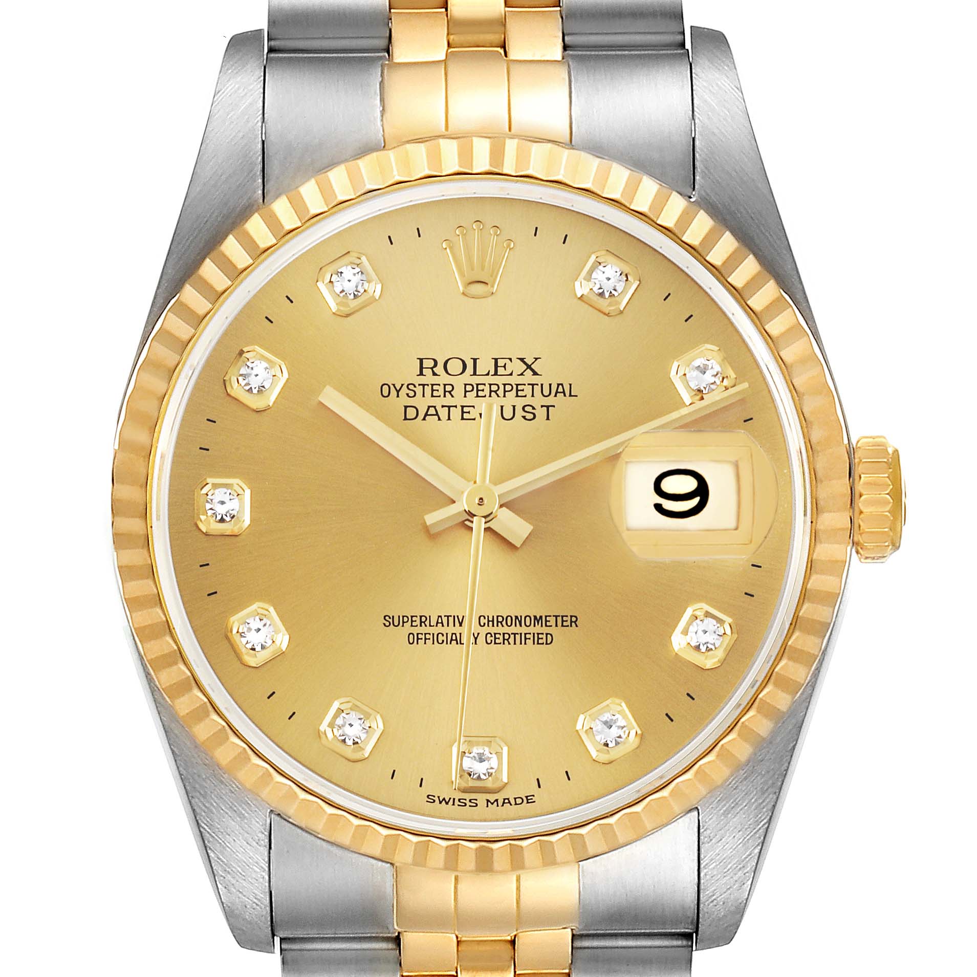 The image shows a front view of a Rolex Datejust 16233 Men's Steel and Gold (two tone) Champagne Dial 16233 Men's Steel and Gold (two tone) Champagne Dial watch, displaying the dial, crown, and part of the bracelet.