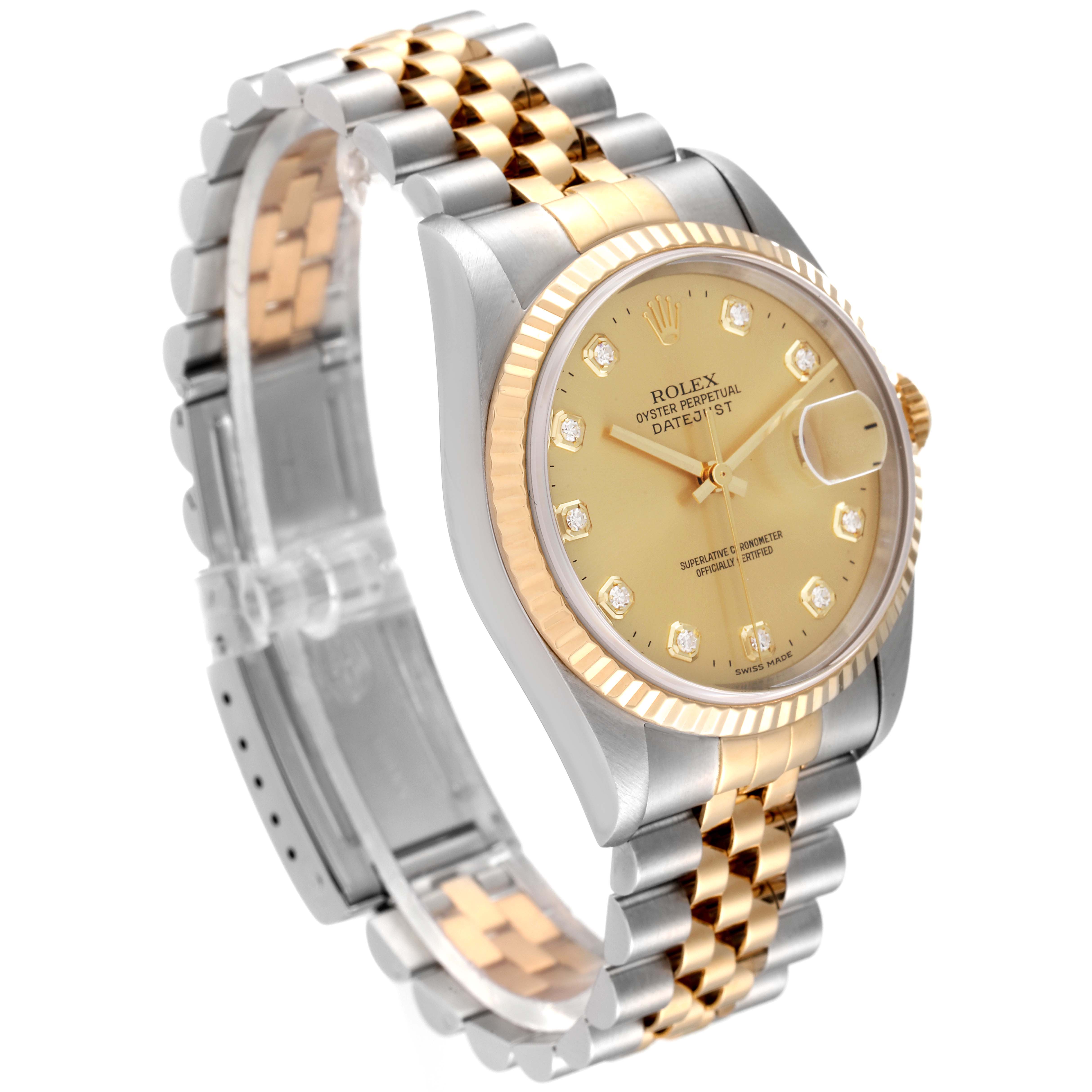 This image shows a Rolex Datejust 16233 Men's Steel and Gold (two tone) Champagne Dial 16233 Men's Steel and Gold (two tone) Champagne Dial watch at a slight angle, highlighting the face, bezel, crown, and jubilee bracelet.