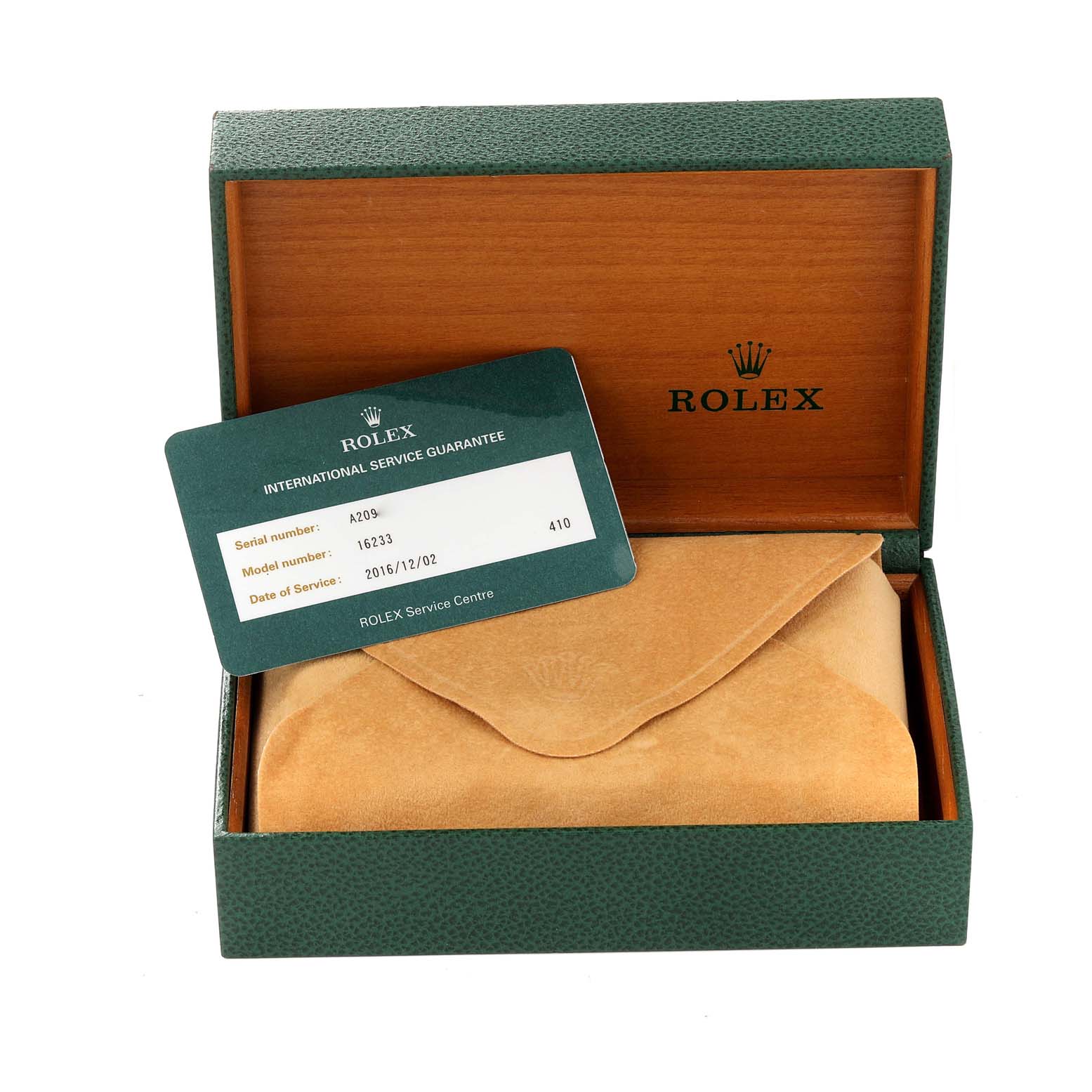 The image shows the Rolex Datejust 16233 Men's Steel and Gold (two tone) Champagne Dial 16233 Men's Steel and Gold (two tone) Champagne Dial watch model box, suede pouch, and an international service guarantee card.