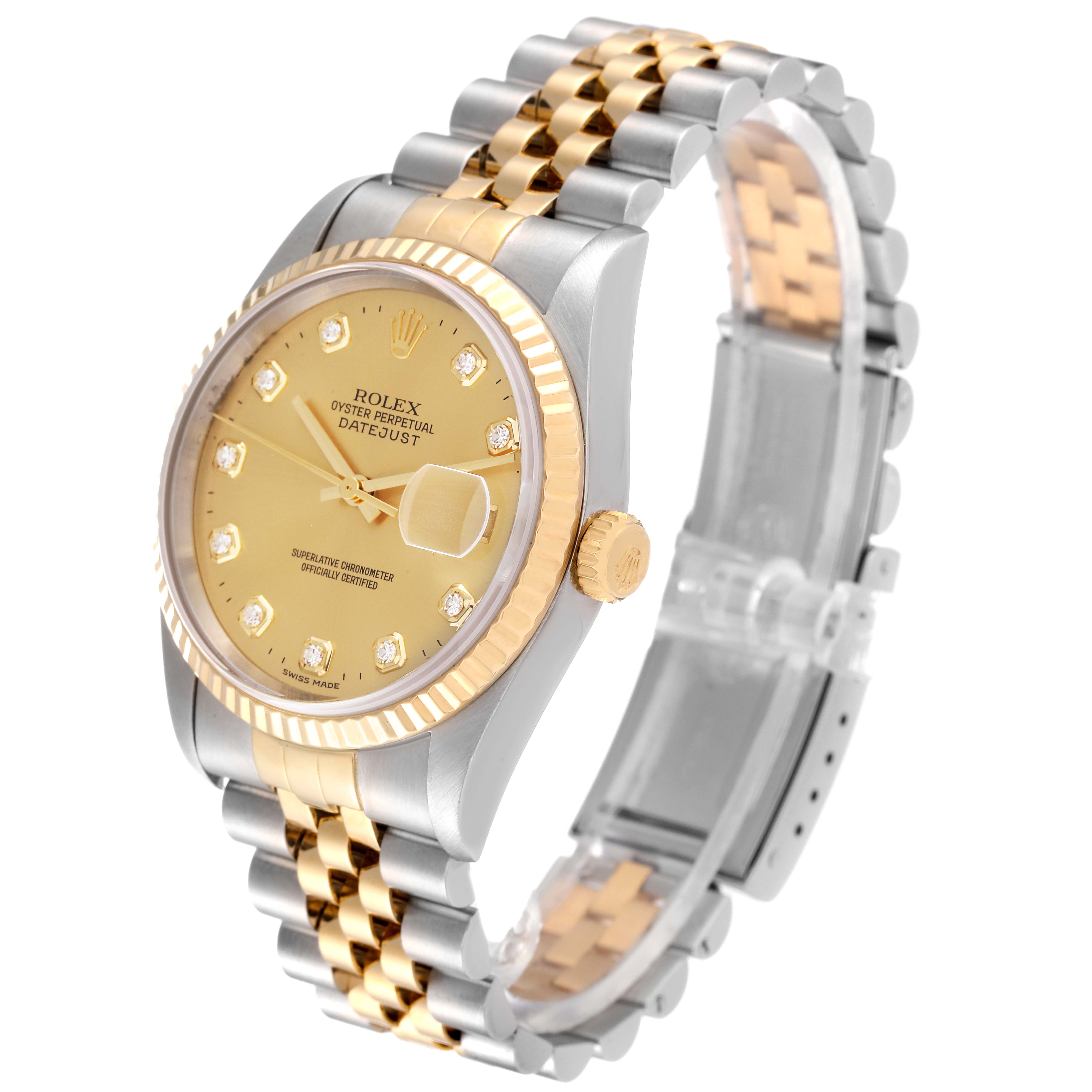 The image shows a side and front angle of a Rolex Datejust 16233 Men's Steel and Gold (two tone) Champagne Dial 16233 Men's Steel and Gold (two tone) Champagne Dial watch, highlighting its dial, crown, and two-tone bracelet.