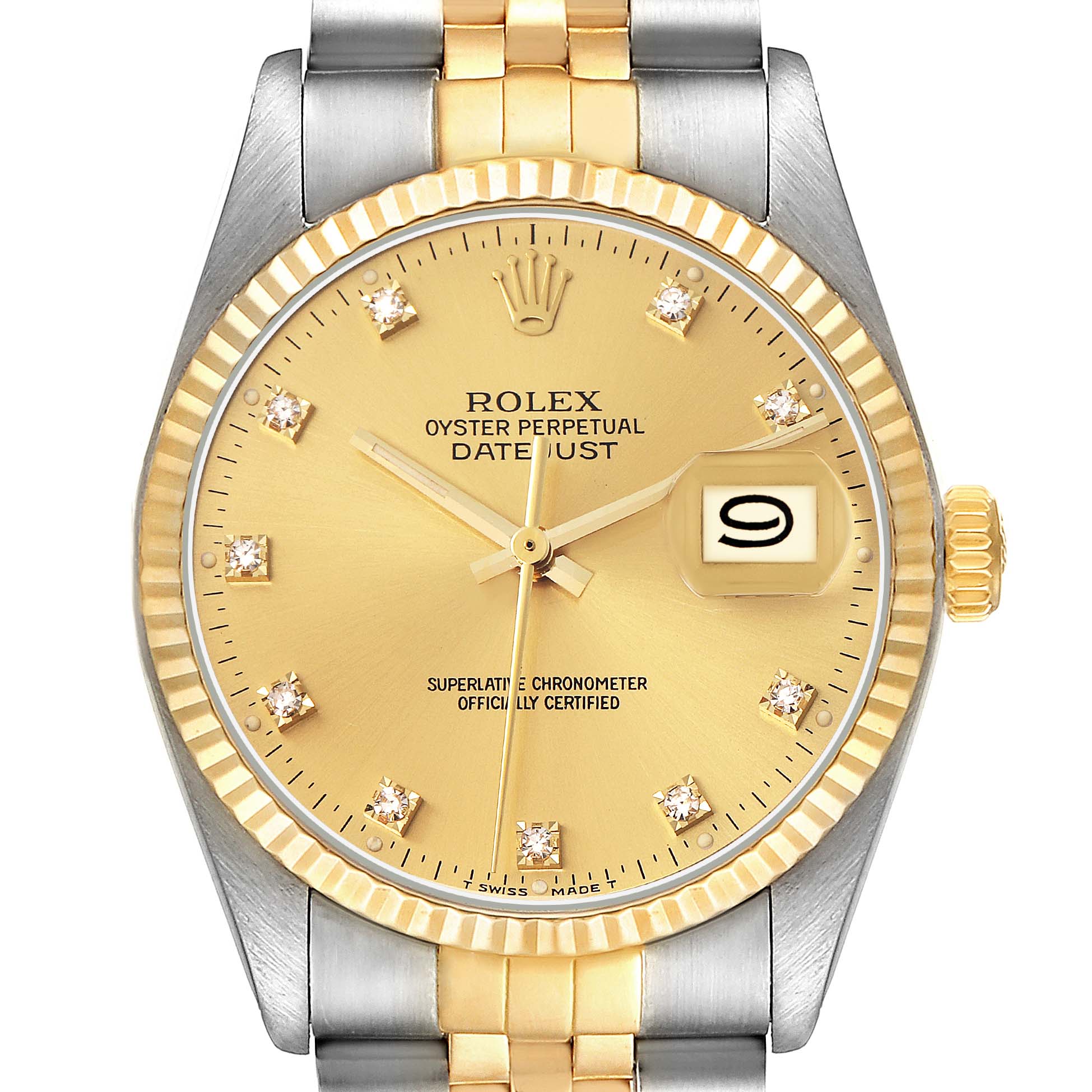 The Rolex Vintage Collection model 16013 is shown from the front, highlighting its dial, date window, crown, and two-tone bracelet.