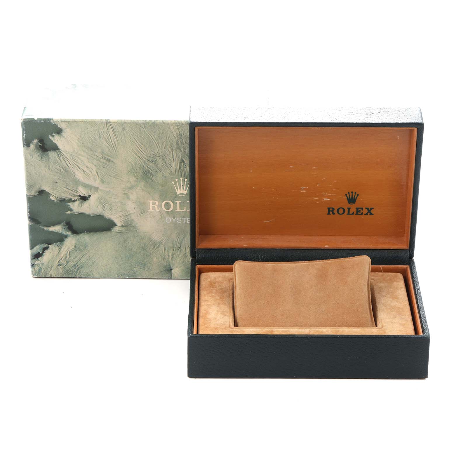 The image shows an open presentation box and a storage case for a Rolex Vintage Collection model number 16013 men's watch, viewed from the front.