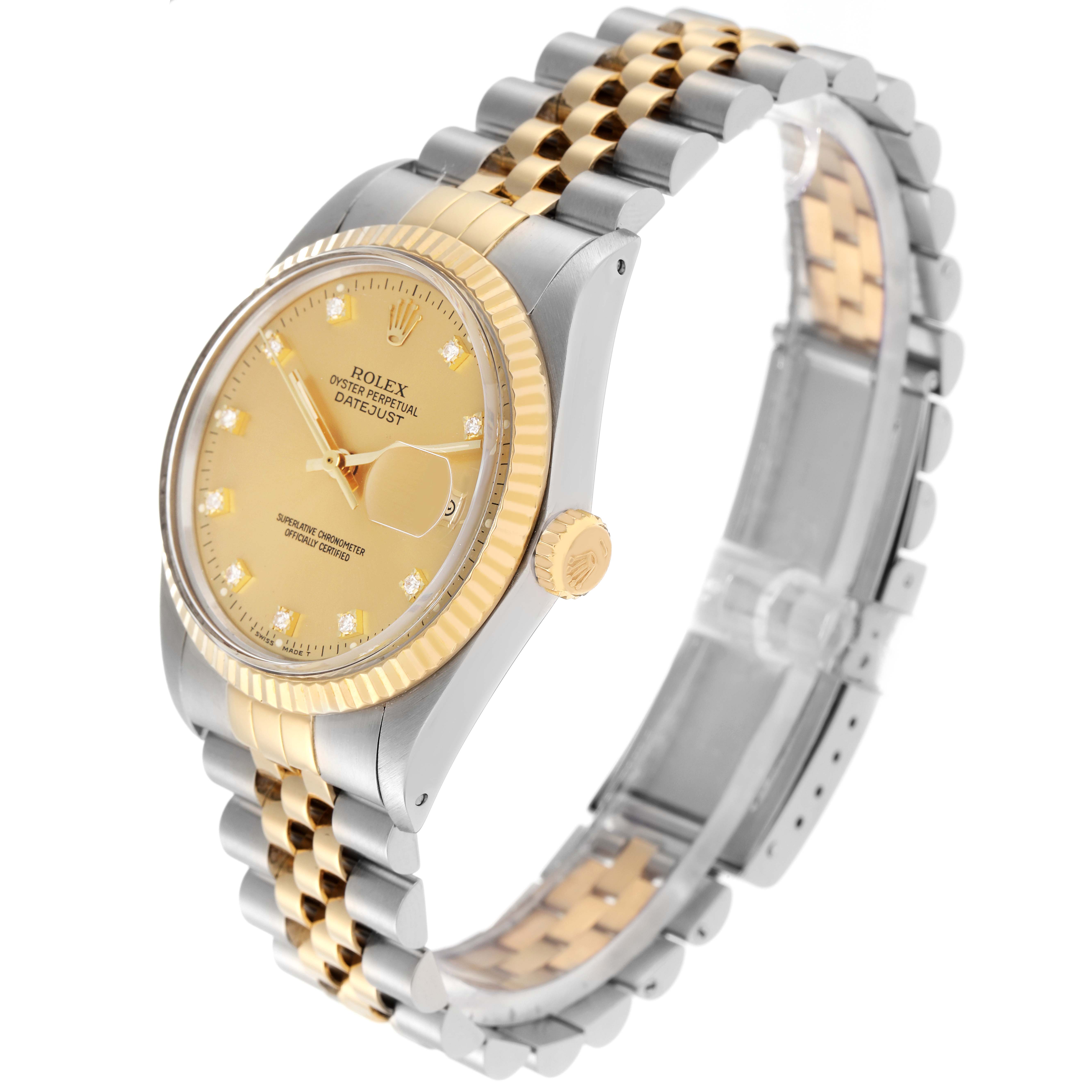 The Rolex Vintage Collection model 16013 is shown at a side angle, highlighting the watch face, crown, and two-tone bracelet.