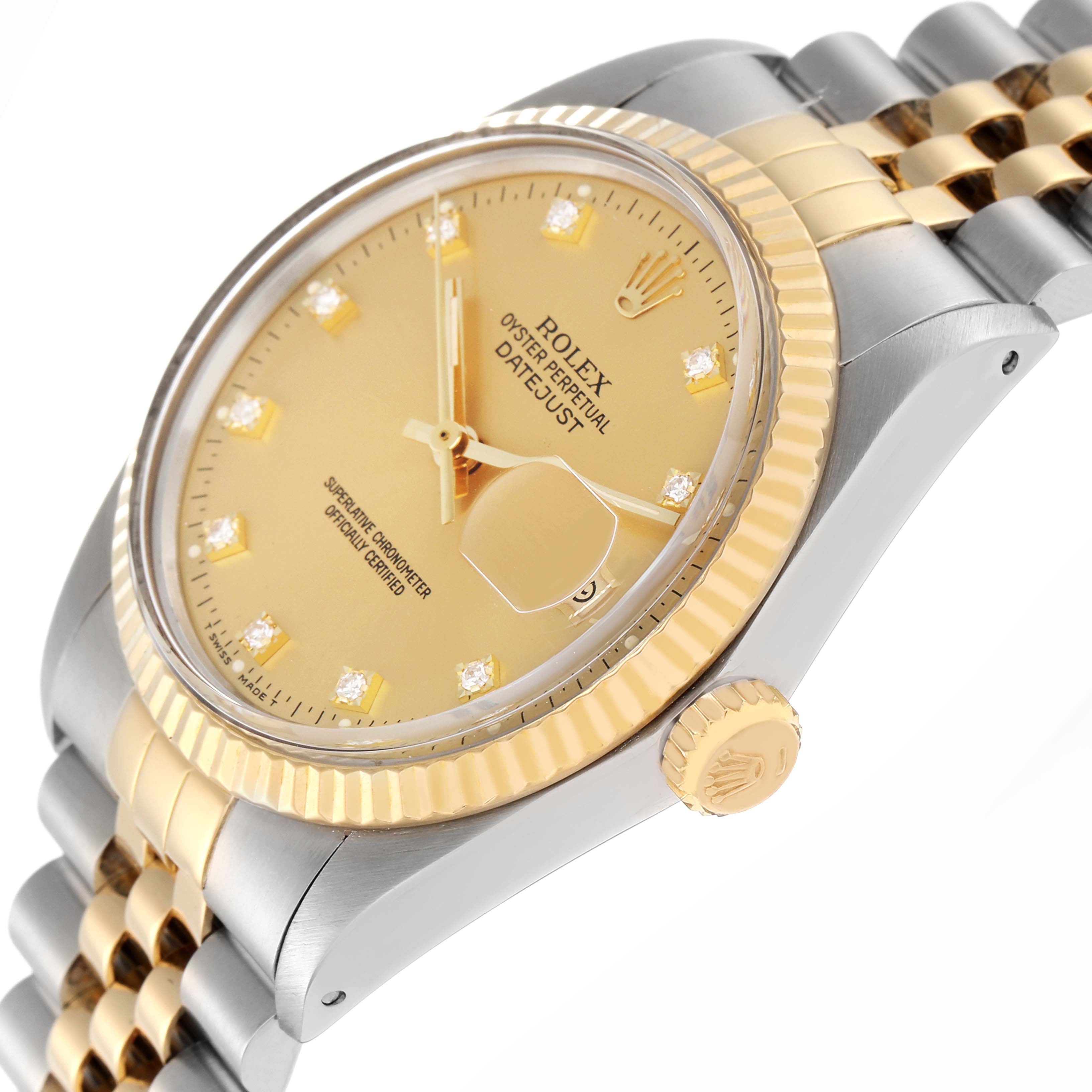 The image shows a side angle of the Rolex Vintage Collection Datejust model number 16013, highlighting the bezel, dial, crown, and part of the bracelet.