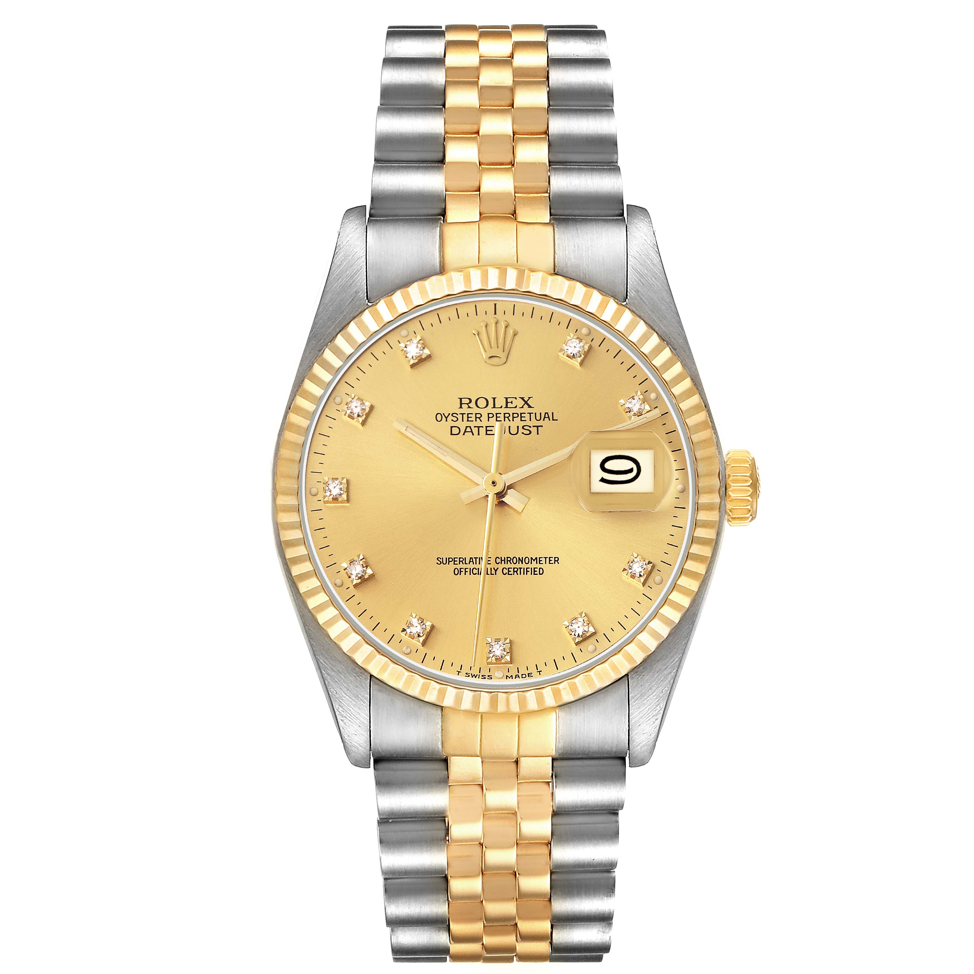 The Rolex Vintage Collection model 16013 men's watch is shown from a front angle, featuring a gold and steel two-tone bracelet, fluted bezel, and diamond hour markers.