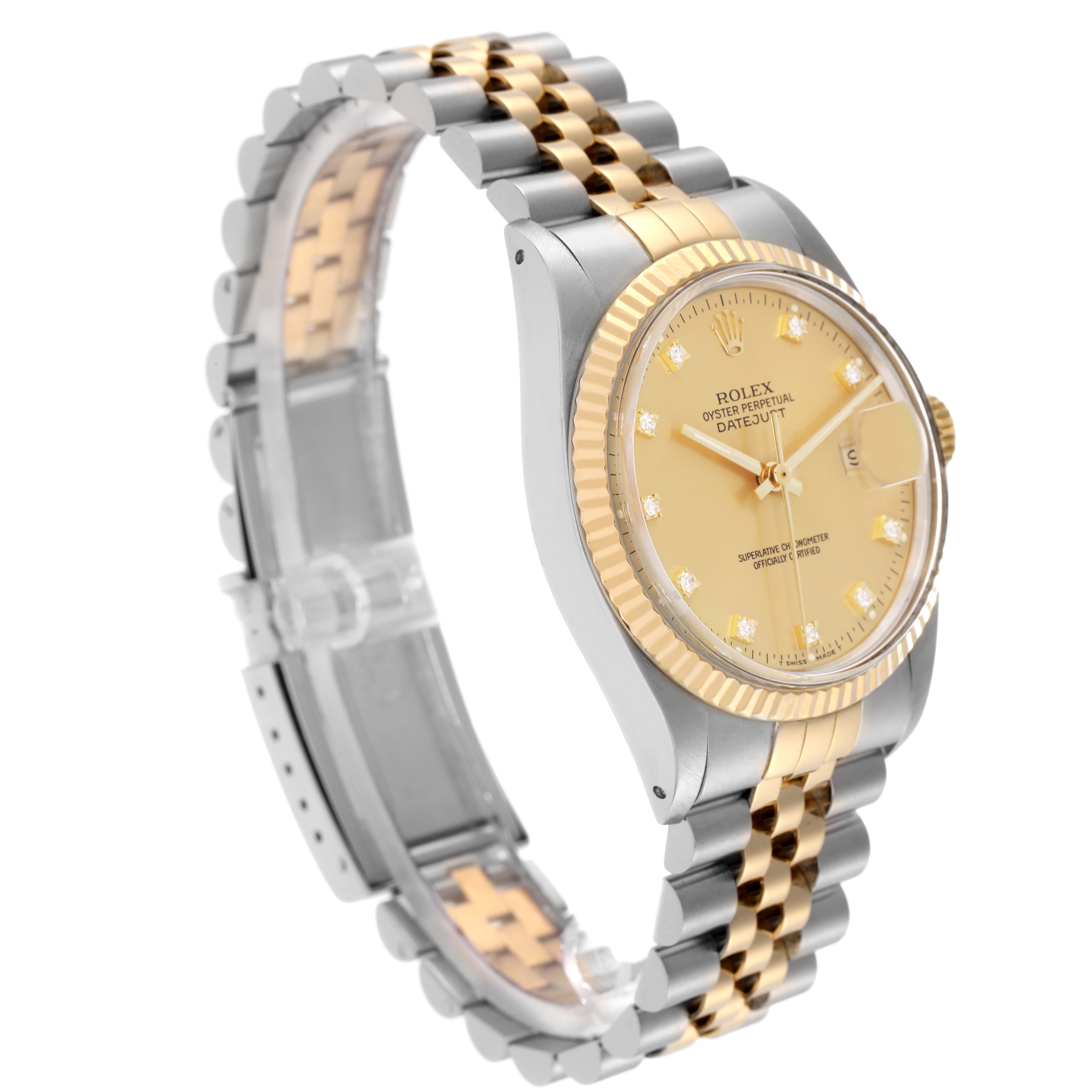 The Rolex Vintage Collection model 16013 is shown at a three-quarter angle, highlighting its gold and silver bracelet, fluted bezel, and champagne dial.