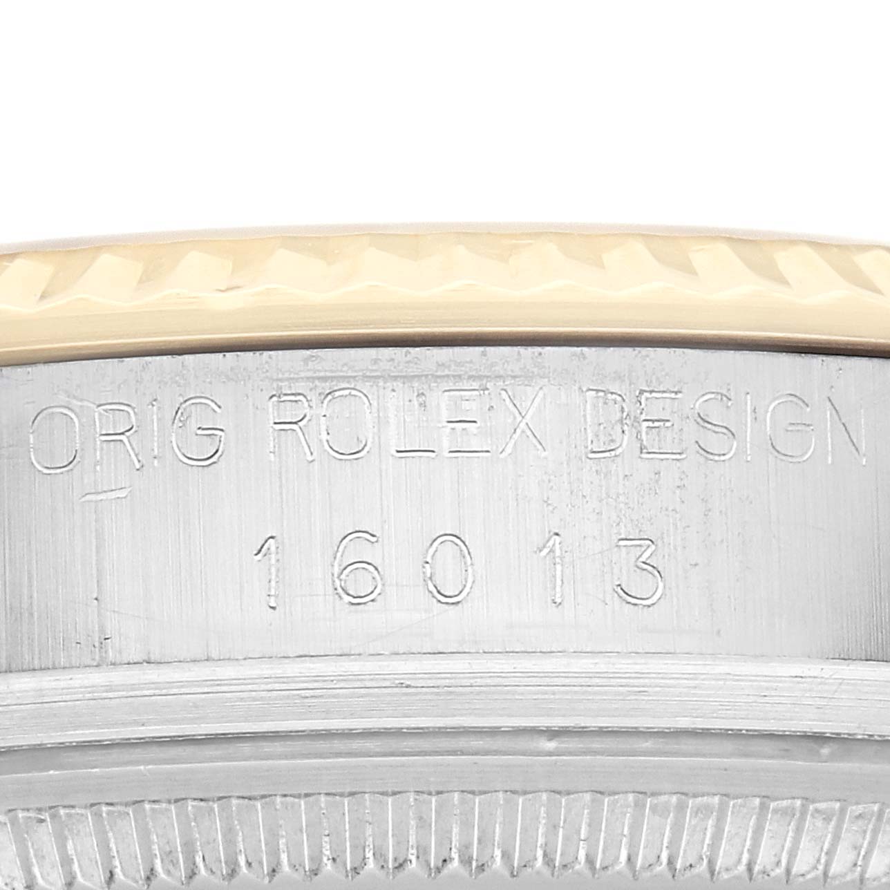 The image shows a close-up of the side engraving on the Rolex Vintage Collection model 16013, highlighting the words "ORIG ROLEX DESIGN" and the model number.