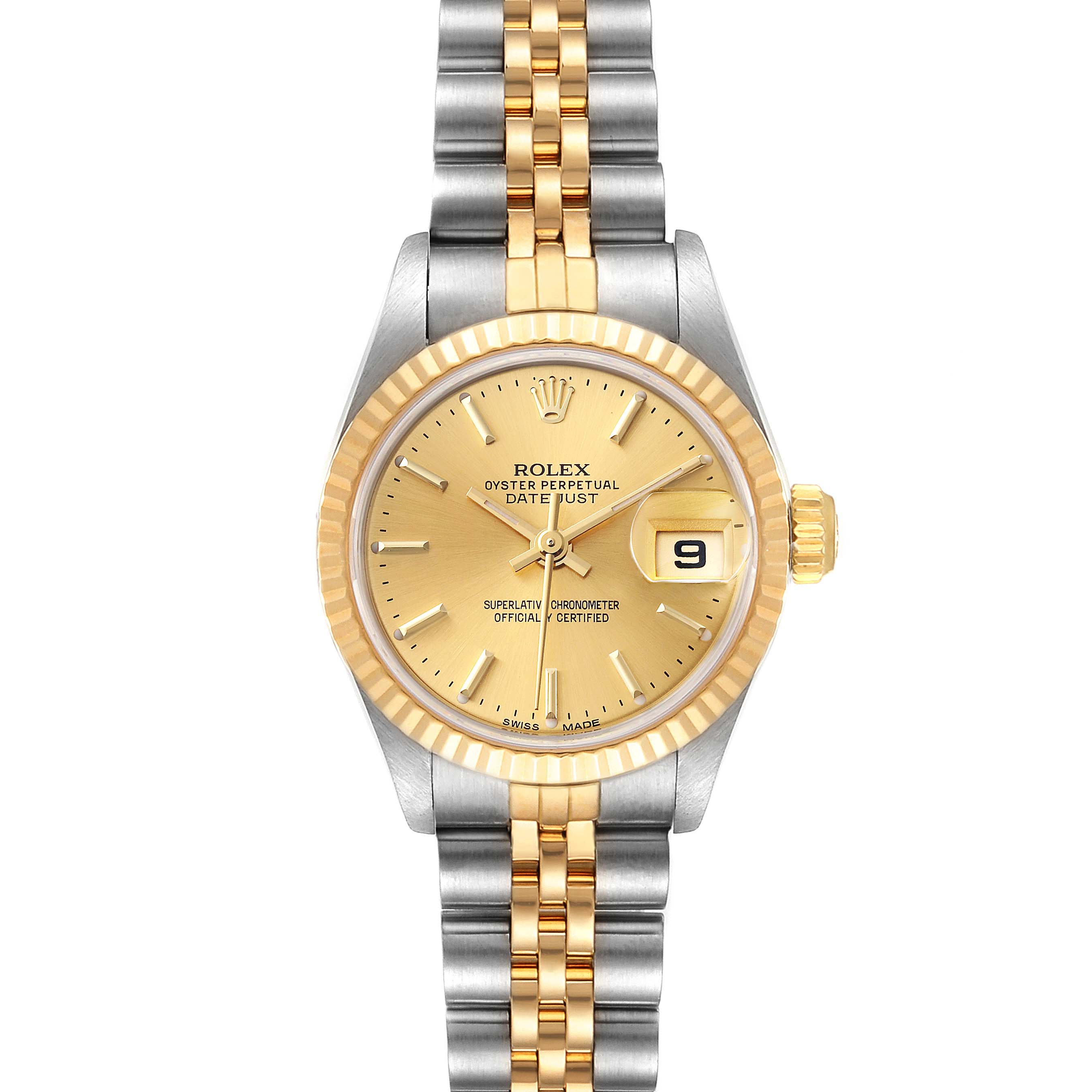 This image shows a frontal view of a Rolex Datejust 69173 Women
s Steel and Gold (two tone) Champagne Dial 69173 Women
s Steel and Gold (two tone) Champagne Dial watch, displaying the dial, bezel, bracelet, and crown.