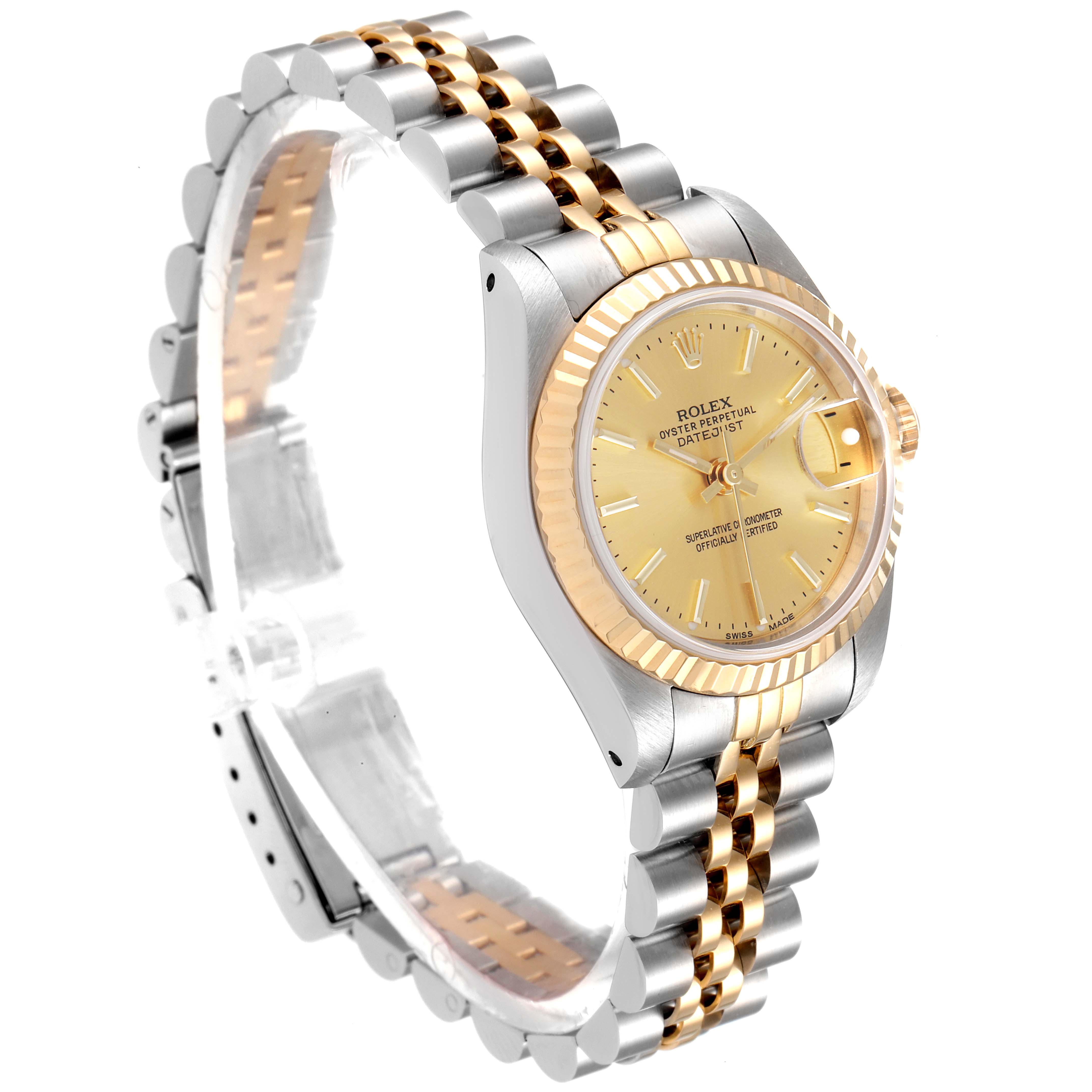 This image shows a side angle of the Rolex Datejust 69173 Women
s Steel and Gold (two tone) Champagne Dial 69173 Women
s Steel and Gold (two tone) Champagne Dial watch, highlighting its face, bezel, and bracelet.