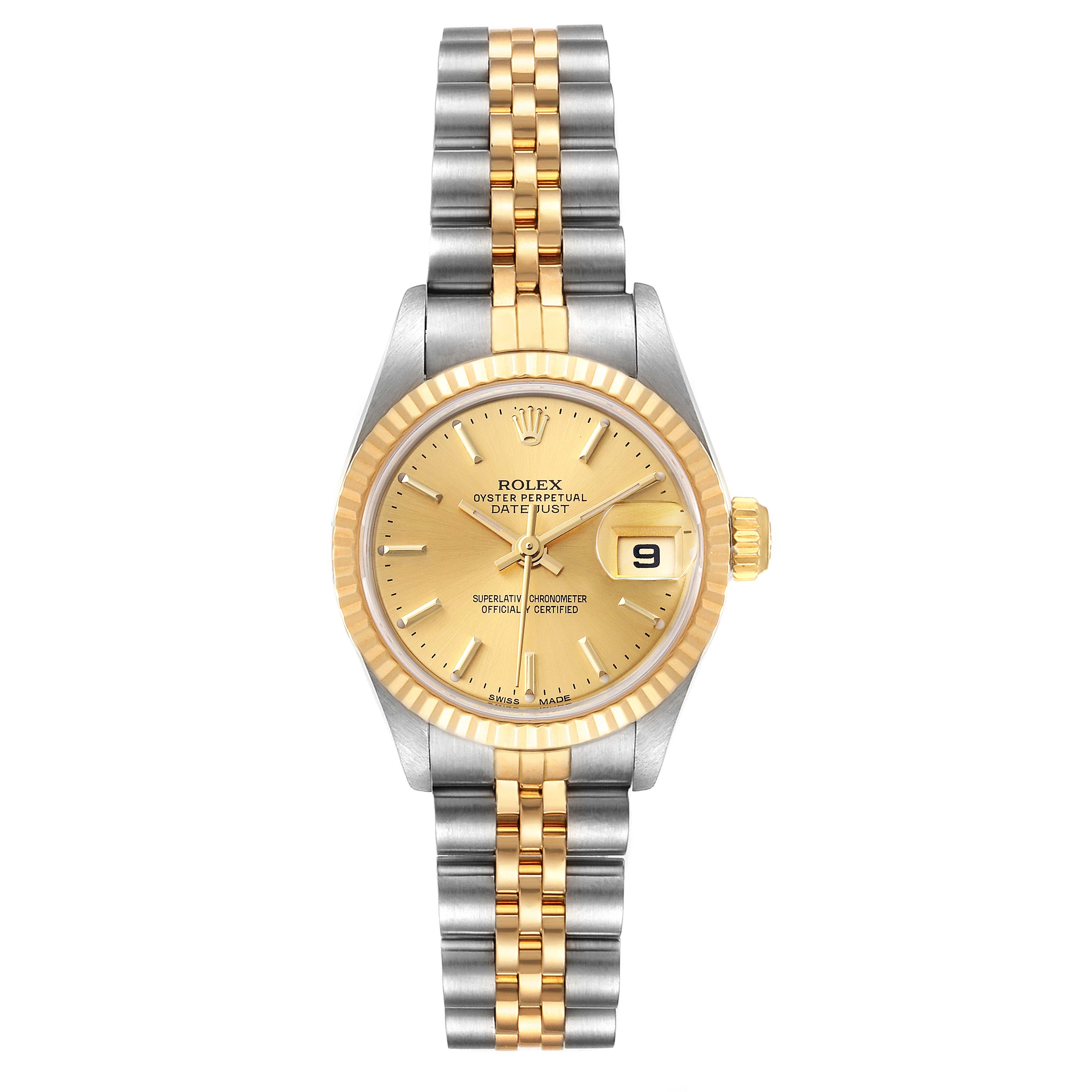 The image shows a Rolex Datejust 69173 Women
s Steel and Gold (two tone) Champagne Dial 69173 Women
s Steel and Gold (two tone) Champagne Dial watch from a front angle, highlighting the dial, bezel, crown, and bracelet.