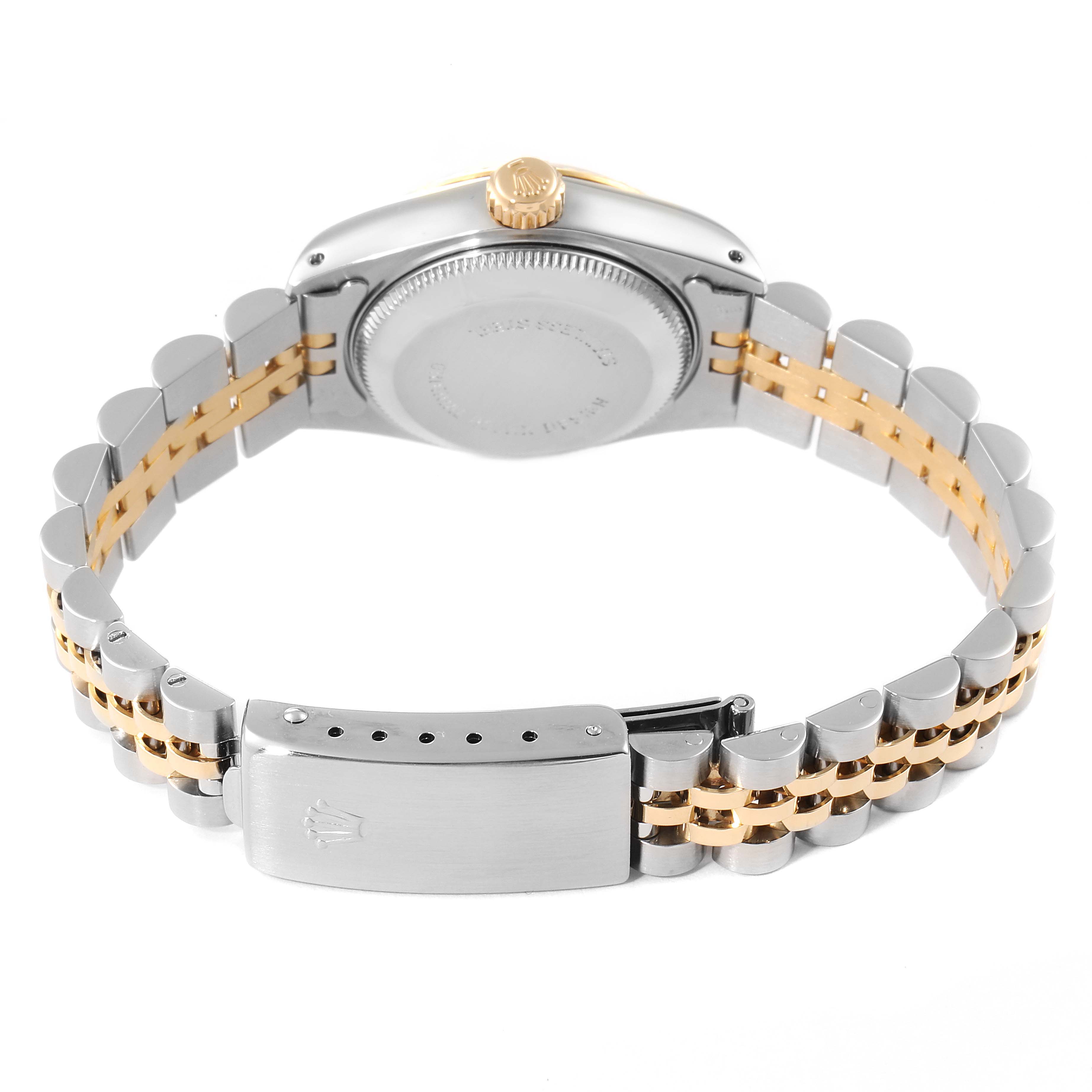 The image shows the back view of a Rolex Datejust 69173 Women
s Steel and Gold (two tone) Champagne Dial 69173 Women
s Steel and Gold (two tone) Champagne Dial watch, highlighting the case back, crown, and two-tone bracelet.