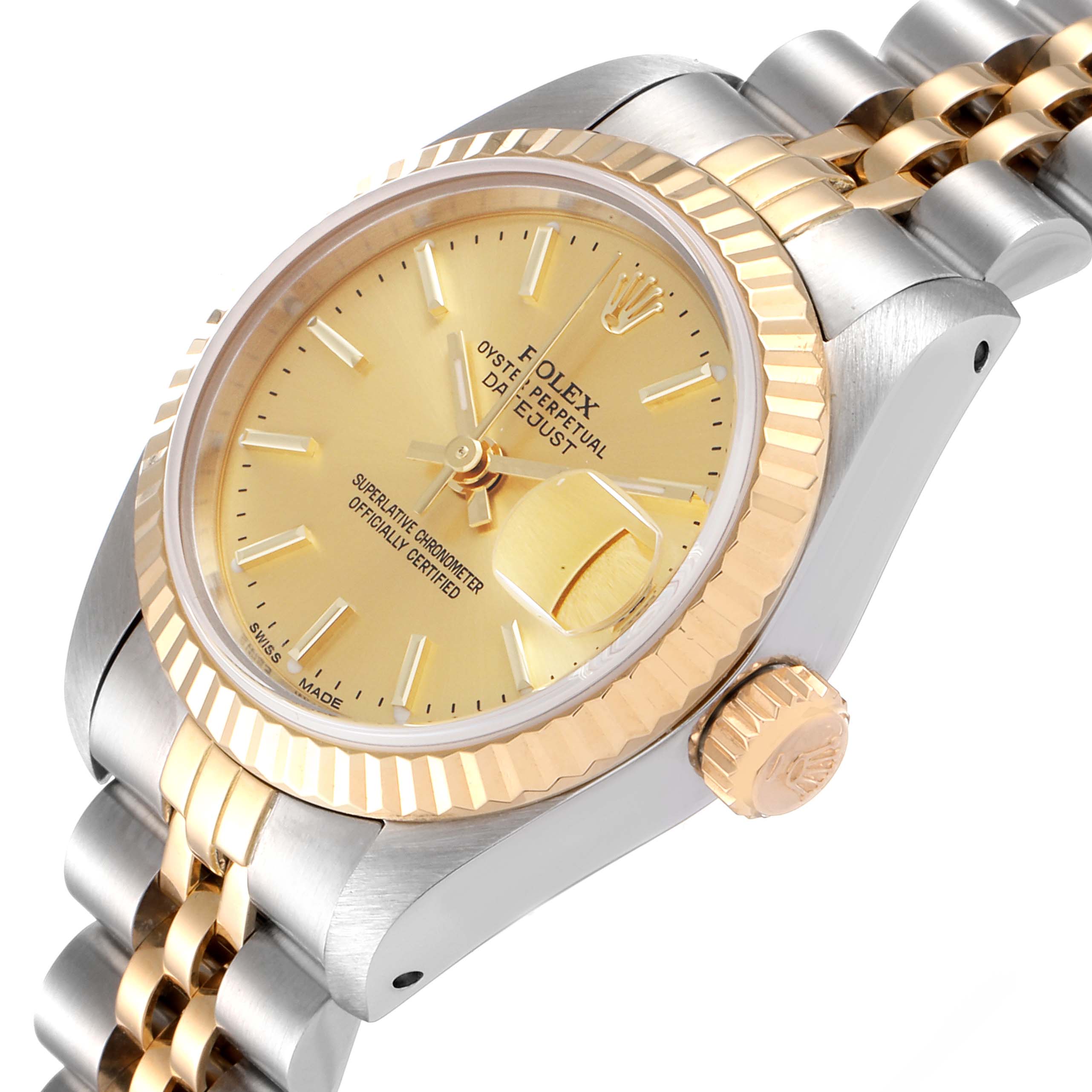 The image shows a Rolex Datejust 69173 Women
s Steel and Gold (two tone) Champagne Dial 69173 Women
s Steel and Gold (two tone) Champagne Dial watch at a slight angle, highlighting the gold dial, fluted bezel, and jubilee bracelet.