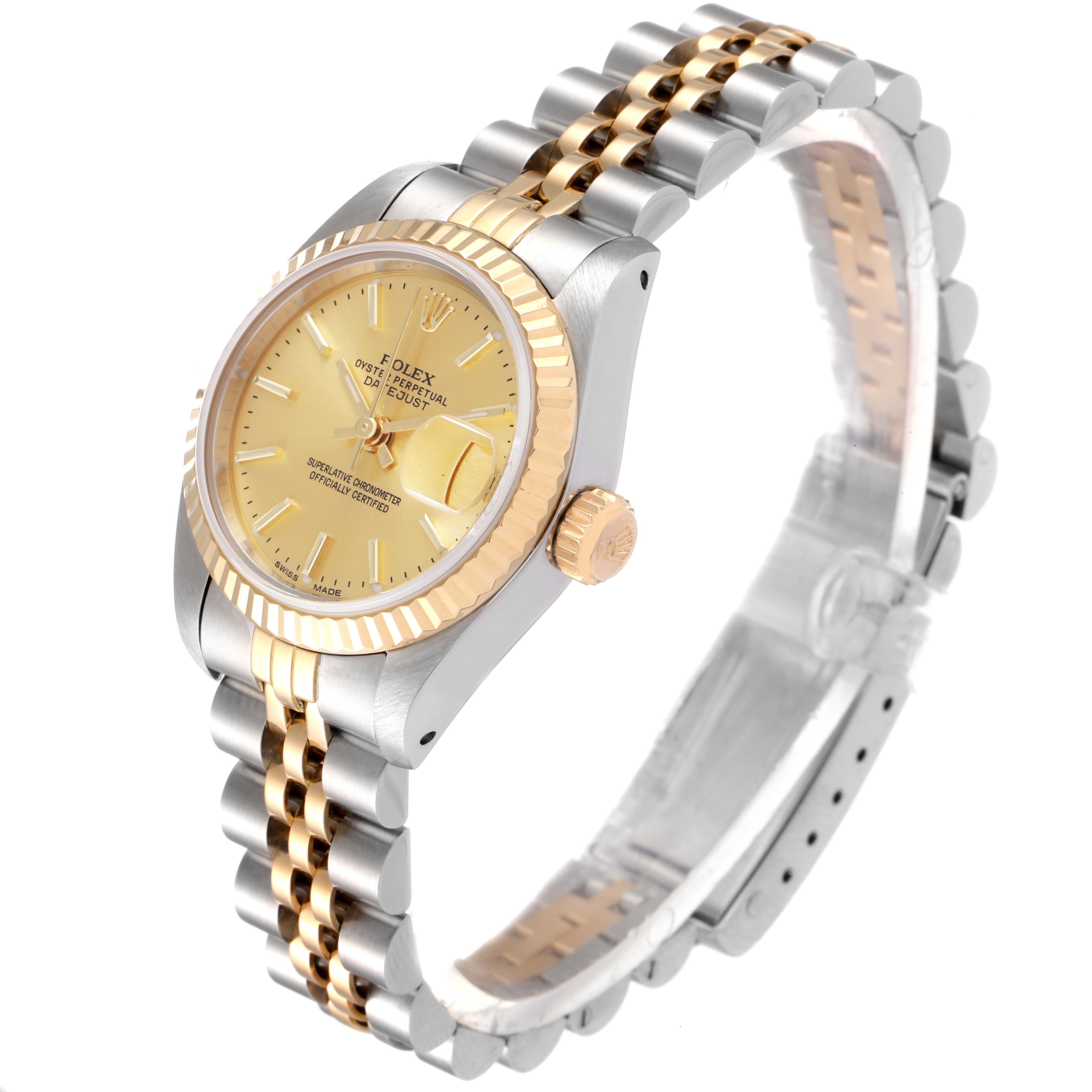 This image shows a Rolex Datejust 69173 Women
s Steel and Gold (two tone) Champagne Dial 69173 Women
s Steel and Gold (two tone) Champagne Dial watch at a three-quarter angle, highlighting the dial, bezel, crown, and jubilee bracelet.