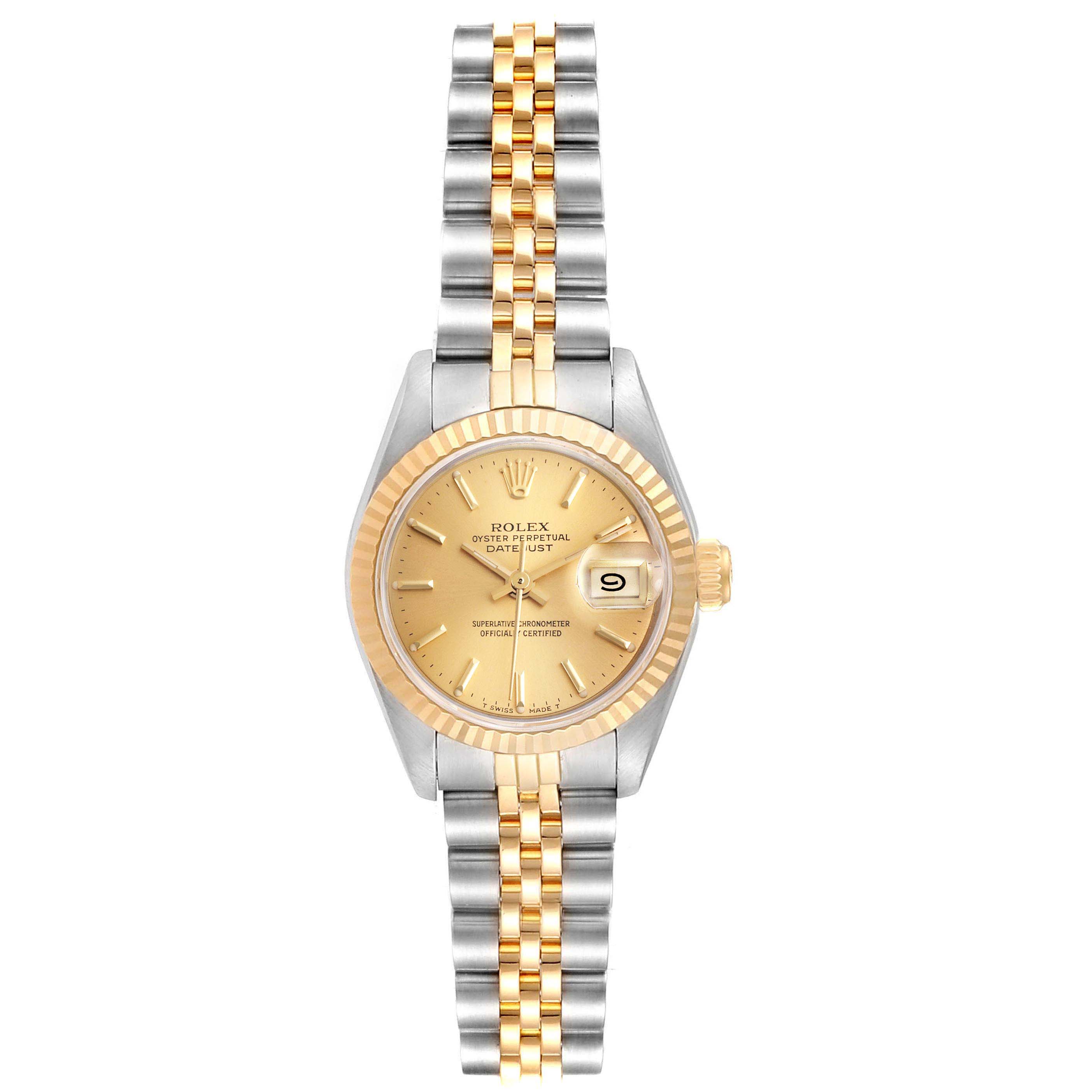 The image shows a front view of a Rolex Datejust 69173 Women
s Steel and Gold (two tone) Champagne Dial 69173 Women
s Steel and Gold (two tone) Champagne Dial watch, highlighting the face, bezel, crown, and two-tone bracelet.
