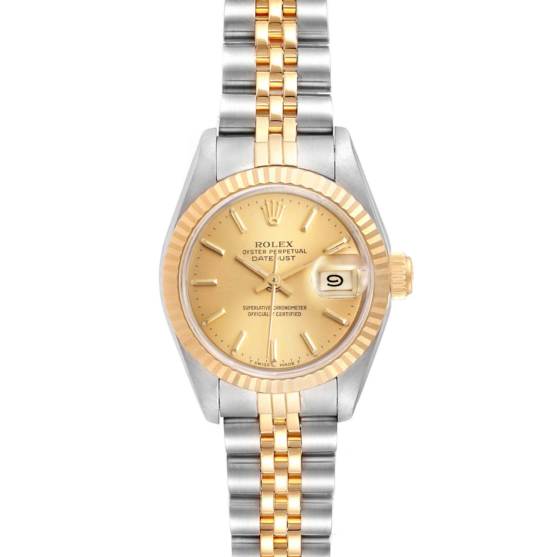 The image shows a front view of a Rolex Datejust 69173 Women
s Steel and Gold (two tone) Champagne Dial 69173 Women
s Steel and Gold (two tone) Champagne Dial watch with a gold dial, fluted bezel, and two-tone Jubilee bracelet.
