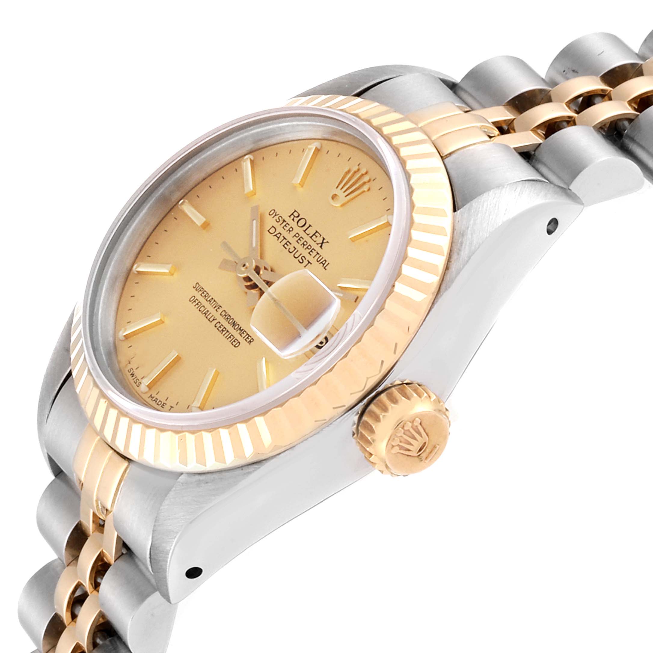 The image shows a side and partial top view of a Rolex Datejust 69173 Women
s Steel and Gold (two tone) Champagne Dial 69173 Women
s Steel and Gold (two tone) Champagne Dial watch, highlighting the crown, bezel, and part of the bracelet.