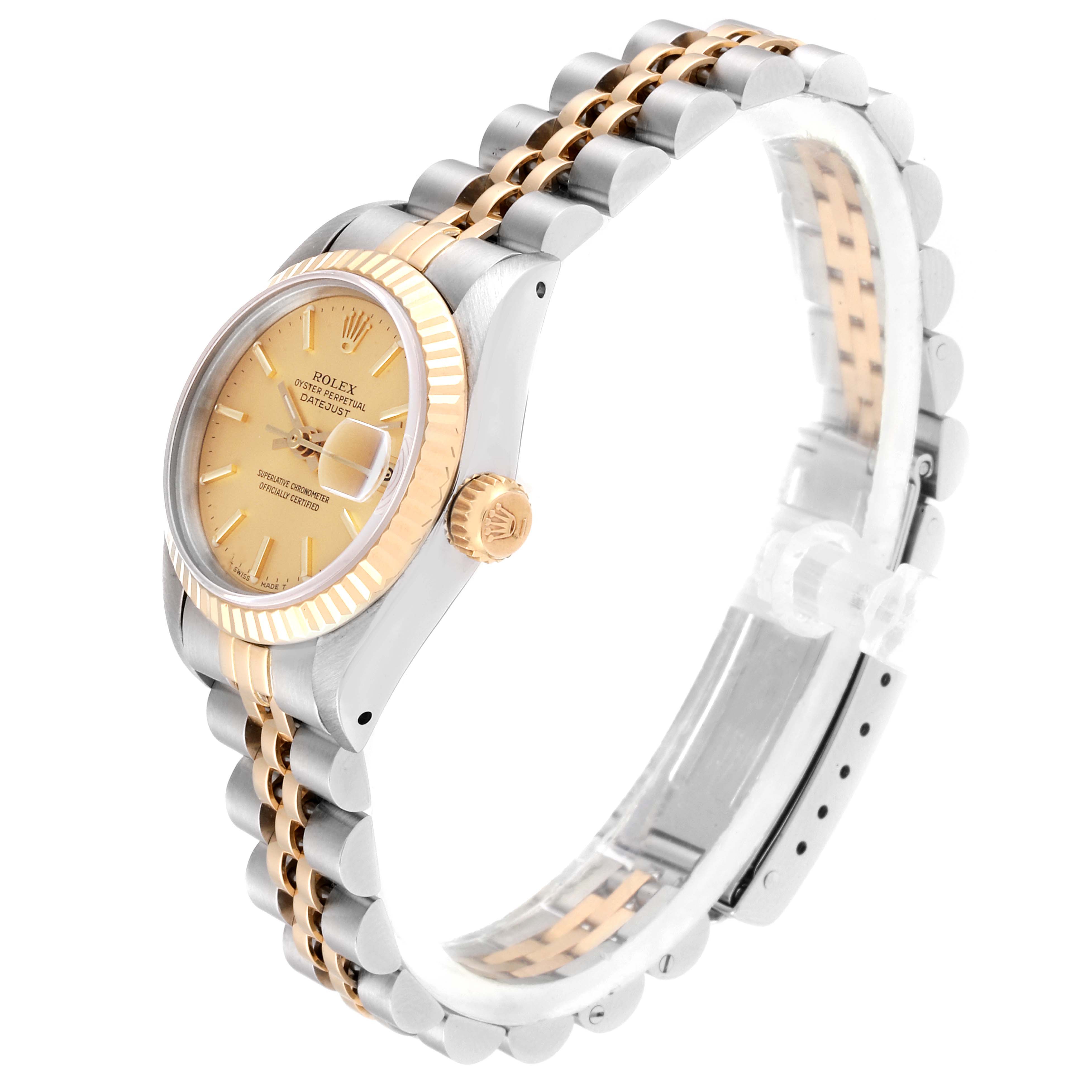 This image shows a Rolex Datejust 69173 Women
s Steel and Gold (two tone) Champagne Dial 69173 Women
s Steel and Gold (two tone) Champagne Dial watch viewed at a slight angle, highlighting the case, bezel, dial, and bracelet.