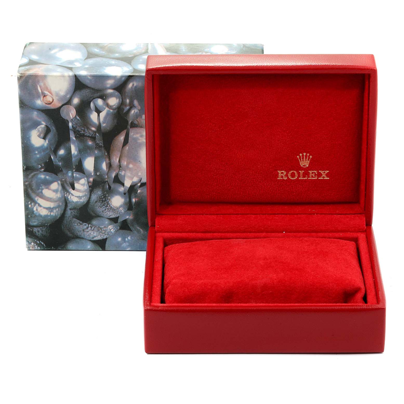 The image shows an open Rolex Datejust 69173 Women
s Steel and Gold (two tone) Champagne Dial 69173 Women
s Steel and Gold (two tone) Champagne Dial watch box with a red interior and an outer box with a pearl design.