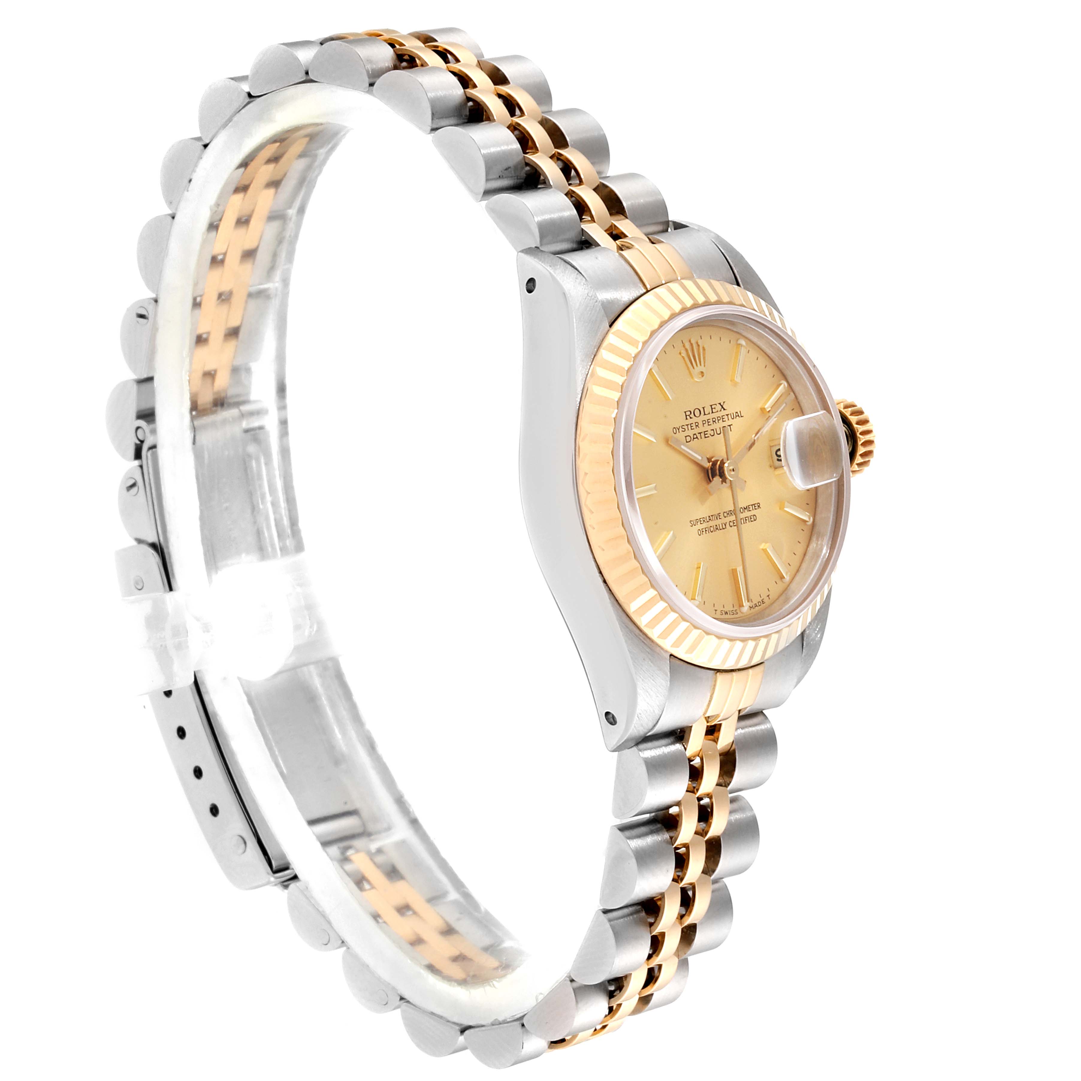 The Rolex Datejust 69173 Women
s Steel and Gold (two tone) Champagne Dial 69173 Women
s Steel and Gold (two tone) Champagne Dial watch is shown at a side angle, displaying the face, bezel, crown, and part of the band.