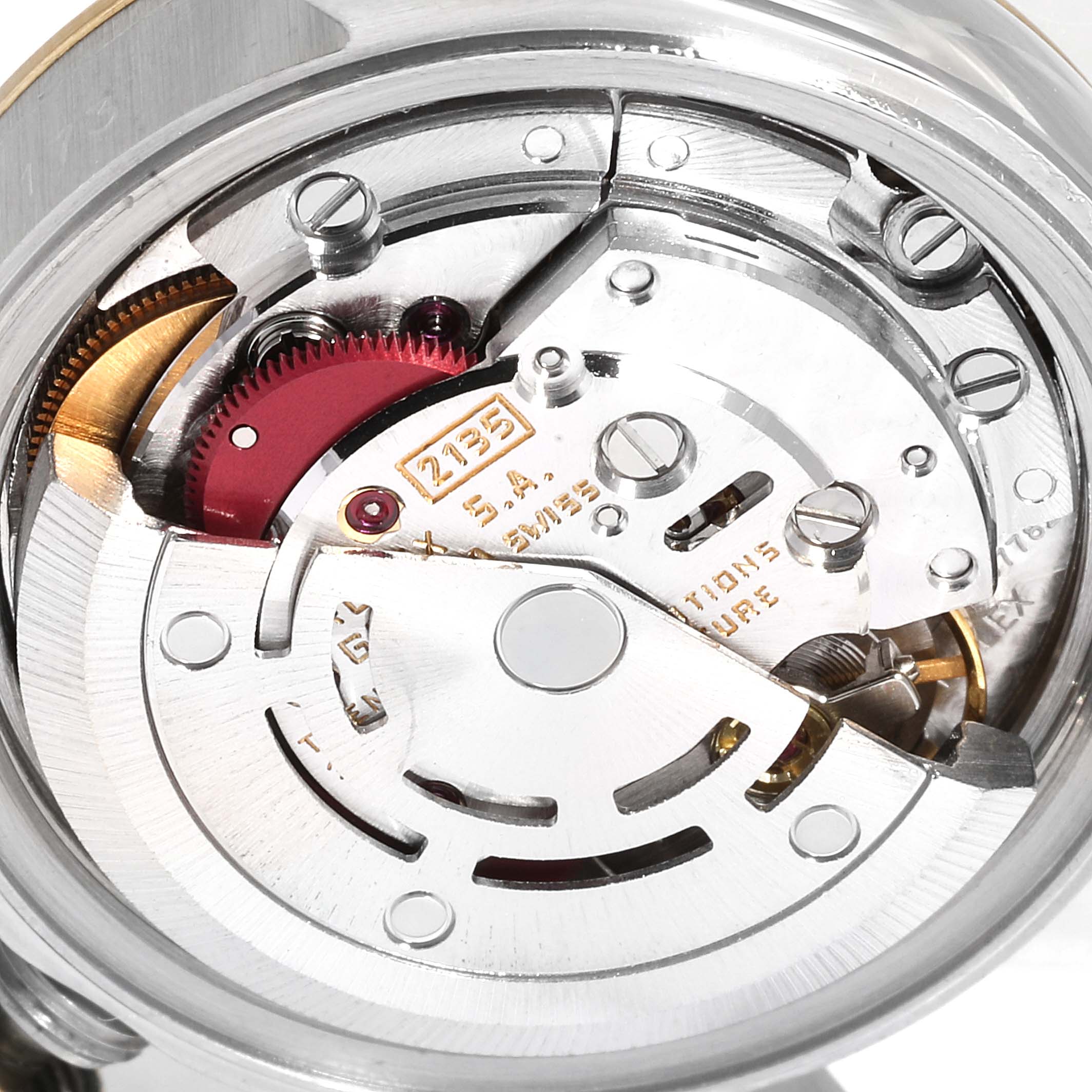 This image shows the internal mechanism of a Rolex Datejust 69173 Women
s Steel and Gold (two tone) Champagne Dial 69173 Women
s Steel and Gold (two tone) Champagne Dial watch, focusing on its movement components.