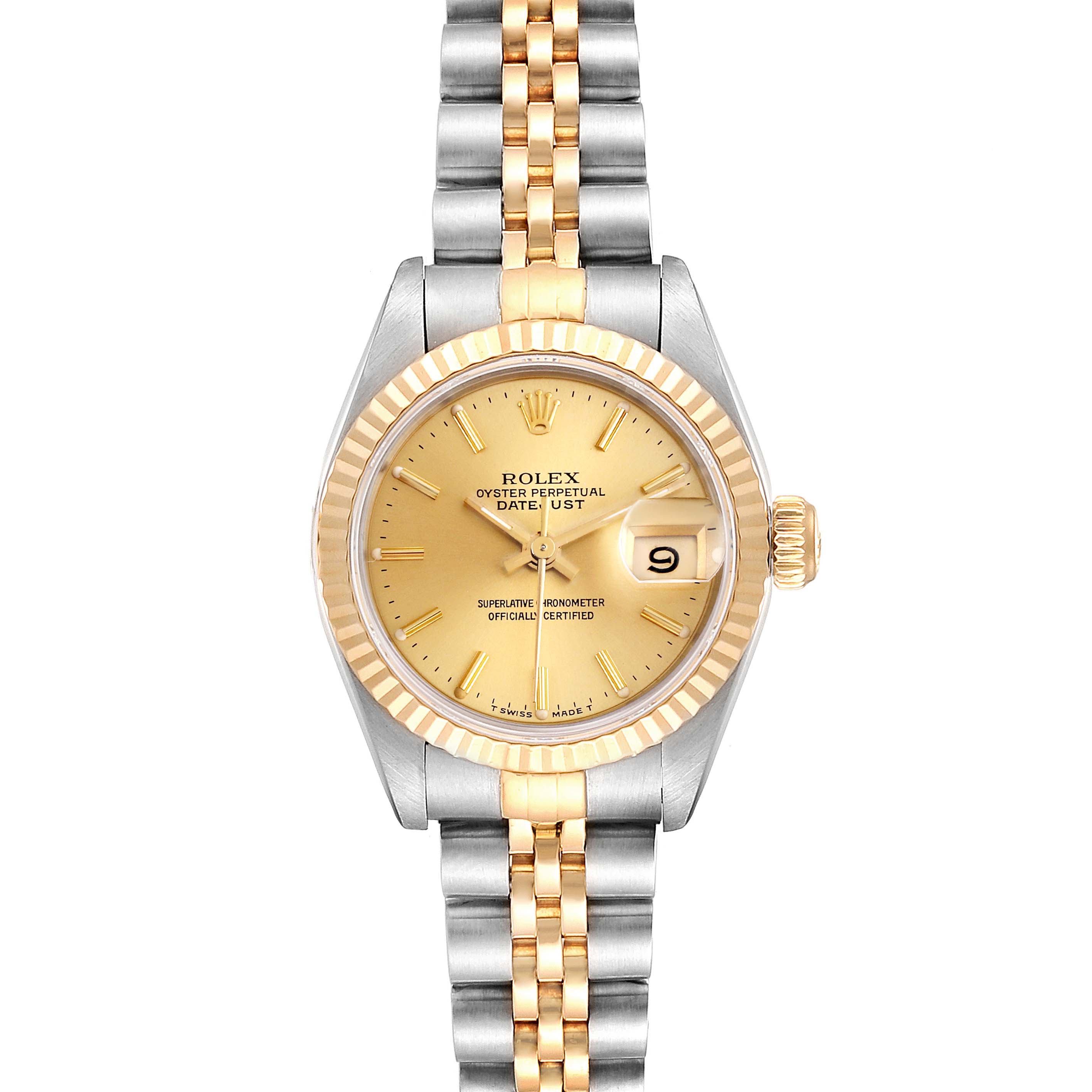 This image shows a front view of the Rolex Datejust 69173 Women
s Steel and Gold (two tone) Champagne Dial 69173 Women
s Steel and Gold (two tone) Champagne Dial, highlighting the watch face, bezel, and bracelet.
