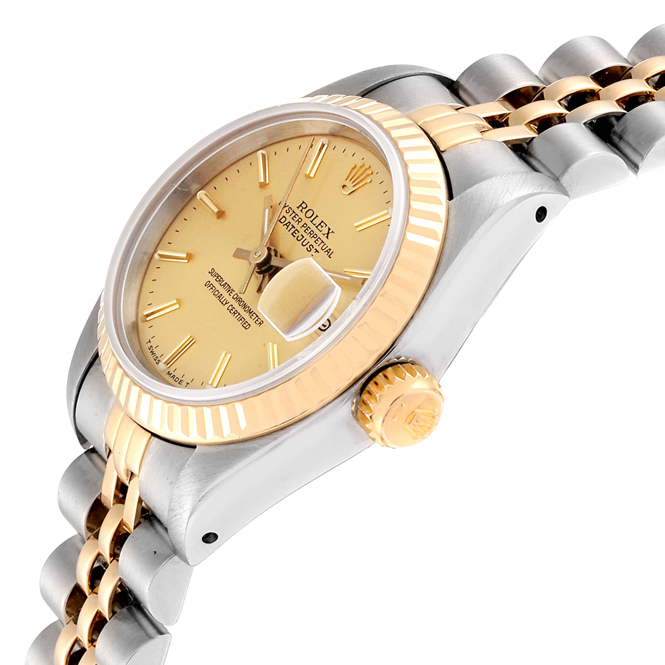 This image shows a side and partial front view of the Rolex Datejust 69173 Women
s Steel and Gold (two tone) Champagne Dial 69173 Women
s Steel and Gold (two tone) Champagne Dial watch, highlighting the dial, crown, and part of the bracelet.