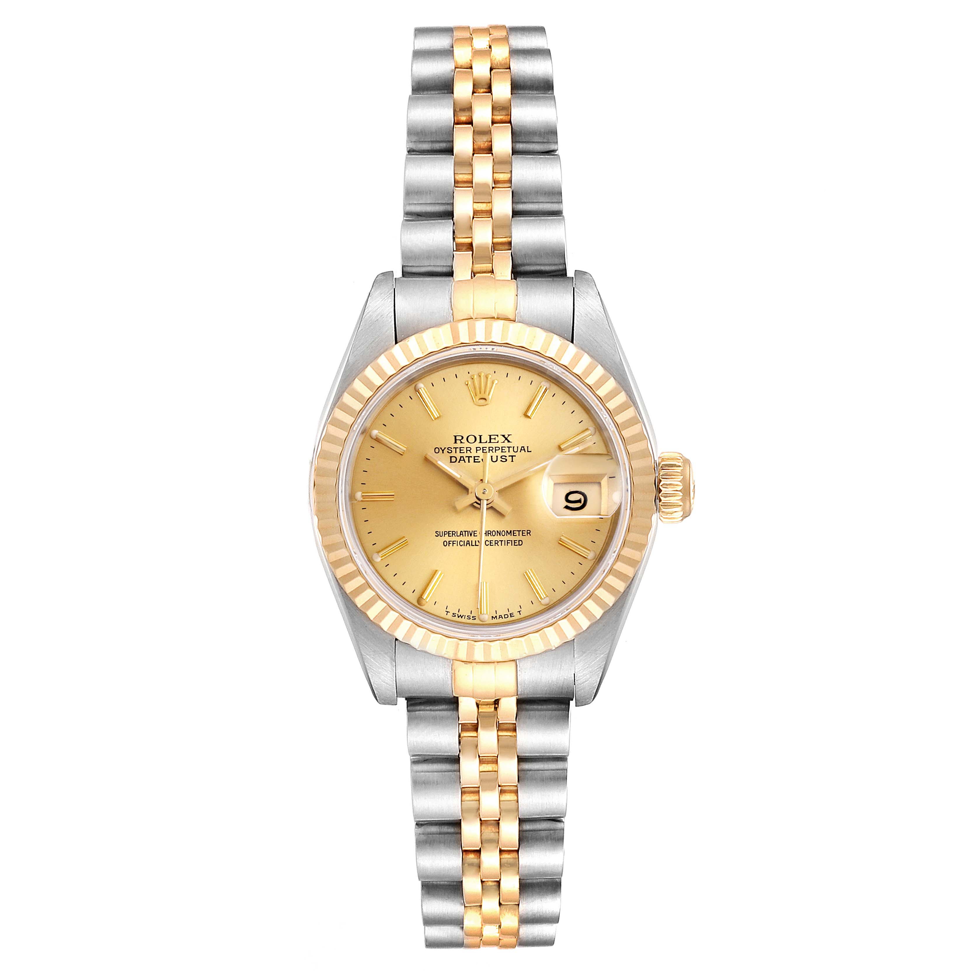 The image shows a Rolex Datejust 69173 Women
s Steel and Gold (two tone) Champagne Dial 69173 Women
s Steel and Gold (two tone) Champagne Dial watch from a top-down angle, highlighting its dial, bezel, and bracelet.