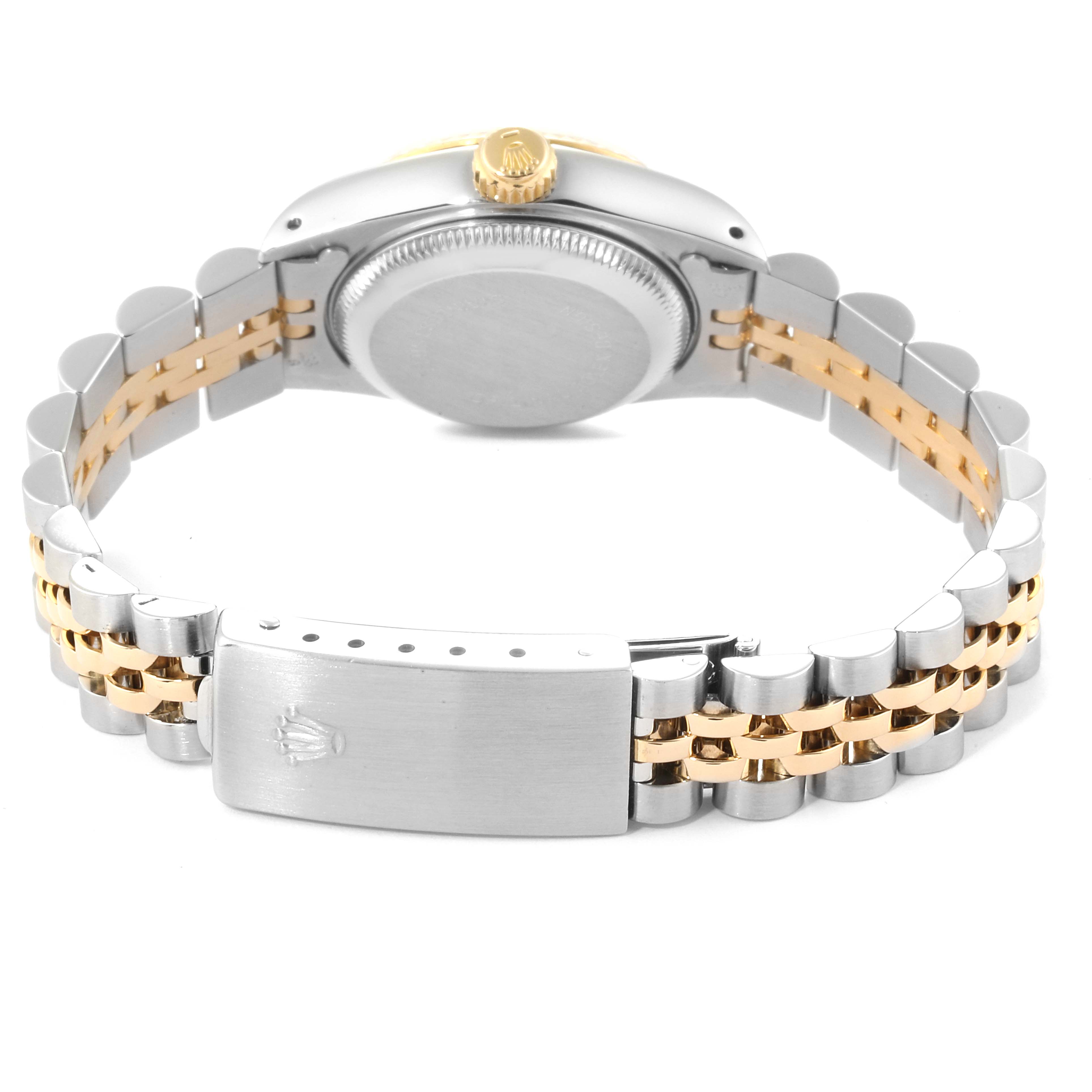 This image shows the back view of a Rolex Datejust 69173 Women
s Steel and Gold (two tone) Champagne Dial 69173 Women
s Steel and Gold (two tone) Champagne Dial watch, highlighting its jubilee bracelet and clasp.