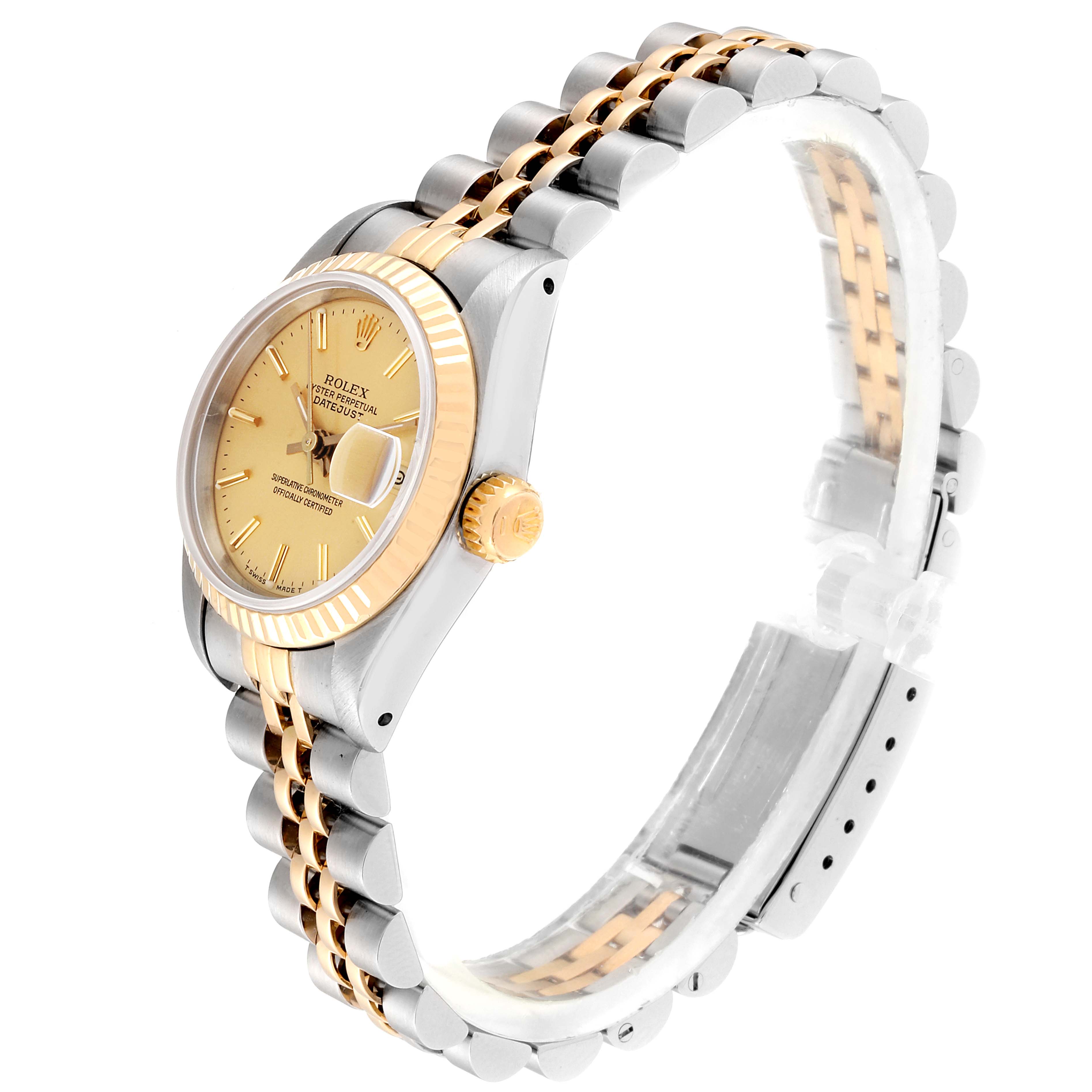 The Rolex Datejust 69173 Women
s Steel and Gold (two tone) Champagne Dial 69173 Women
s Steel and Gold (two tone) Champagne Dial watch is shown at a side view angle, highlighting its gold and silver links, bezel, and dial.