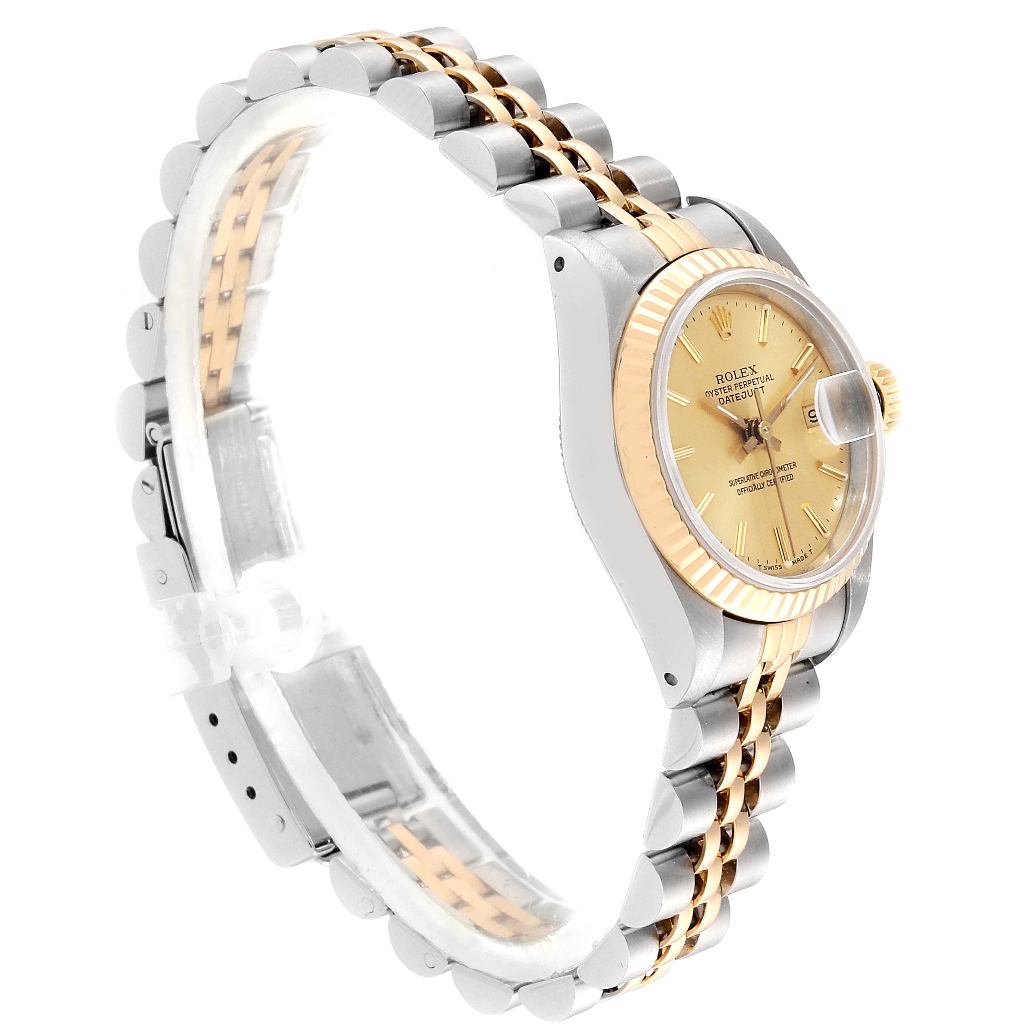The Rolex Datejust 69173 Women
s Steel and Gold (two tone) Champagne Dial 69173 Women
s Steel and Gold (two tone) Champagne Dial watch is shown at a side angle, highlighting its two-tone bracelet, fluted bezel, and champagne dial.