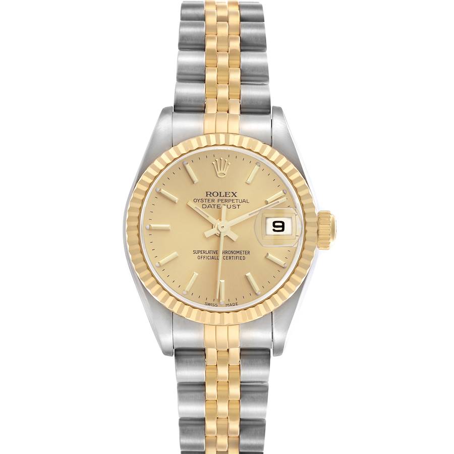 The image shows a front view of the Rolex Datejust, model number 79173, displaying its gold dial, fluted bezel, and two-tone bracelet.