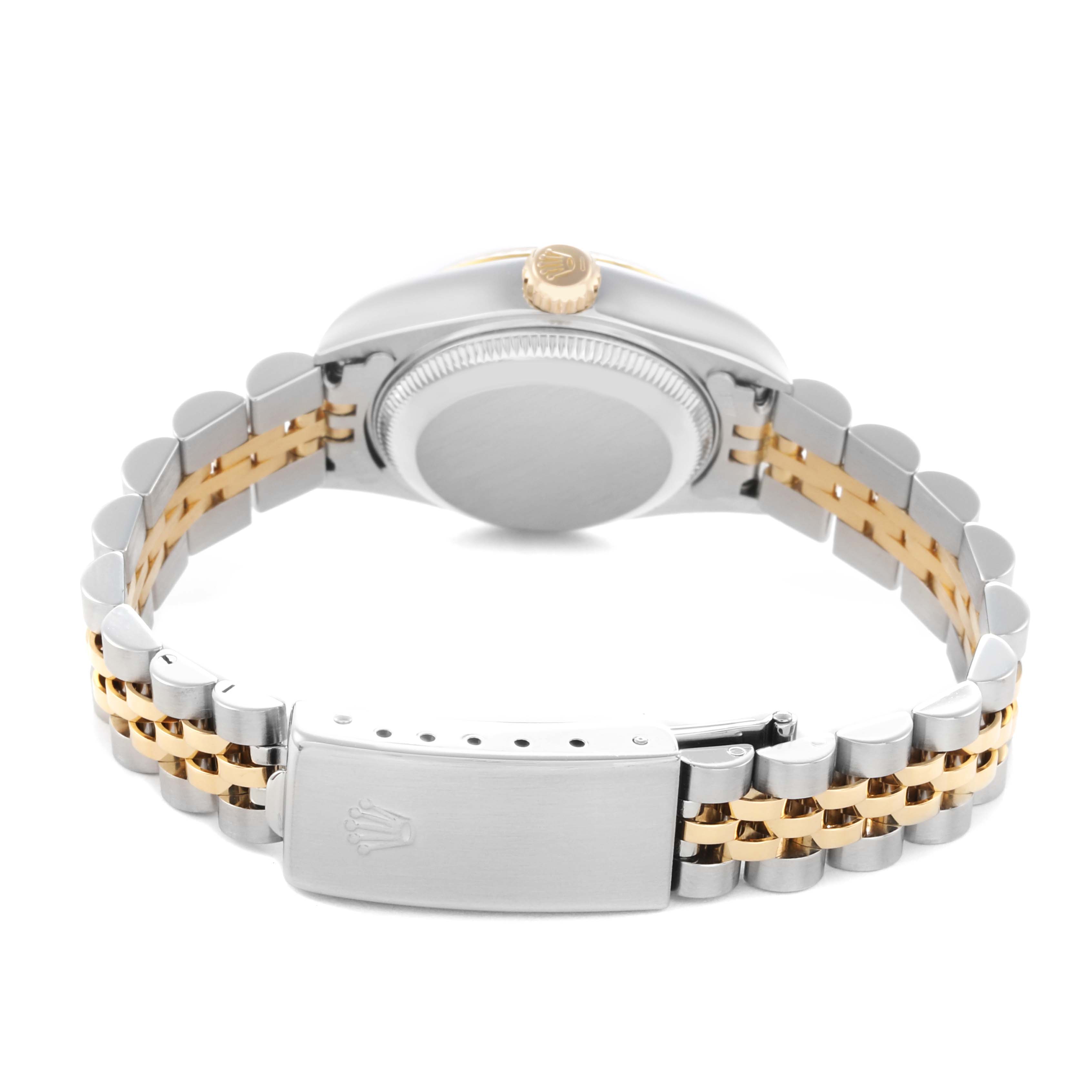 The image shows a Rolex Datejust model 79173 men's watch from the back, highlighting the case back, crown, and jubilee bracelet detailing.