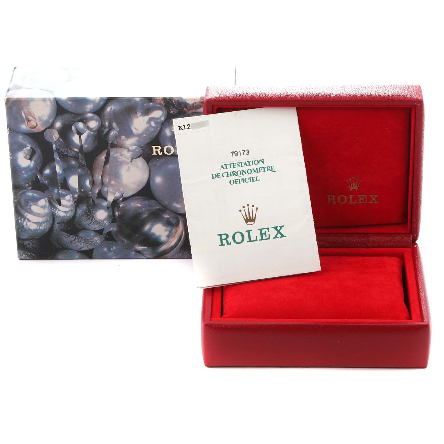 The image shows the packaging and documentation for a Rolex Datejust model, model number 79173, including a decorative box, a red case, and an official chronometer certificate.