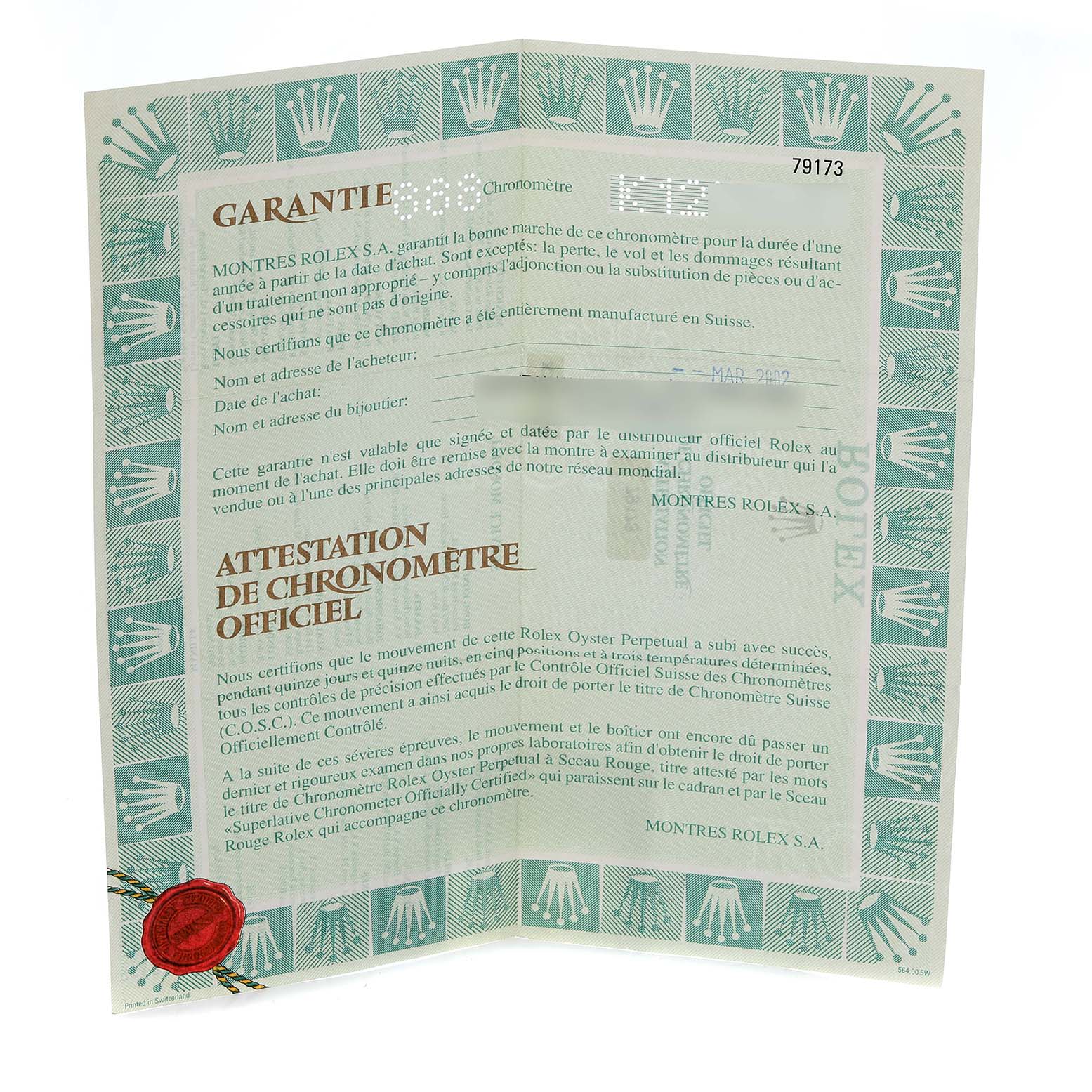 The image shows official Rolex documentation for a Datejust model, model number 79173, with visible brand insignia, text detailing the warranty, and a red seal.