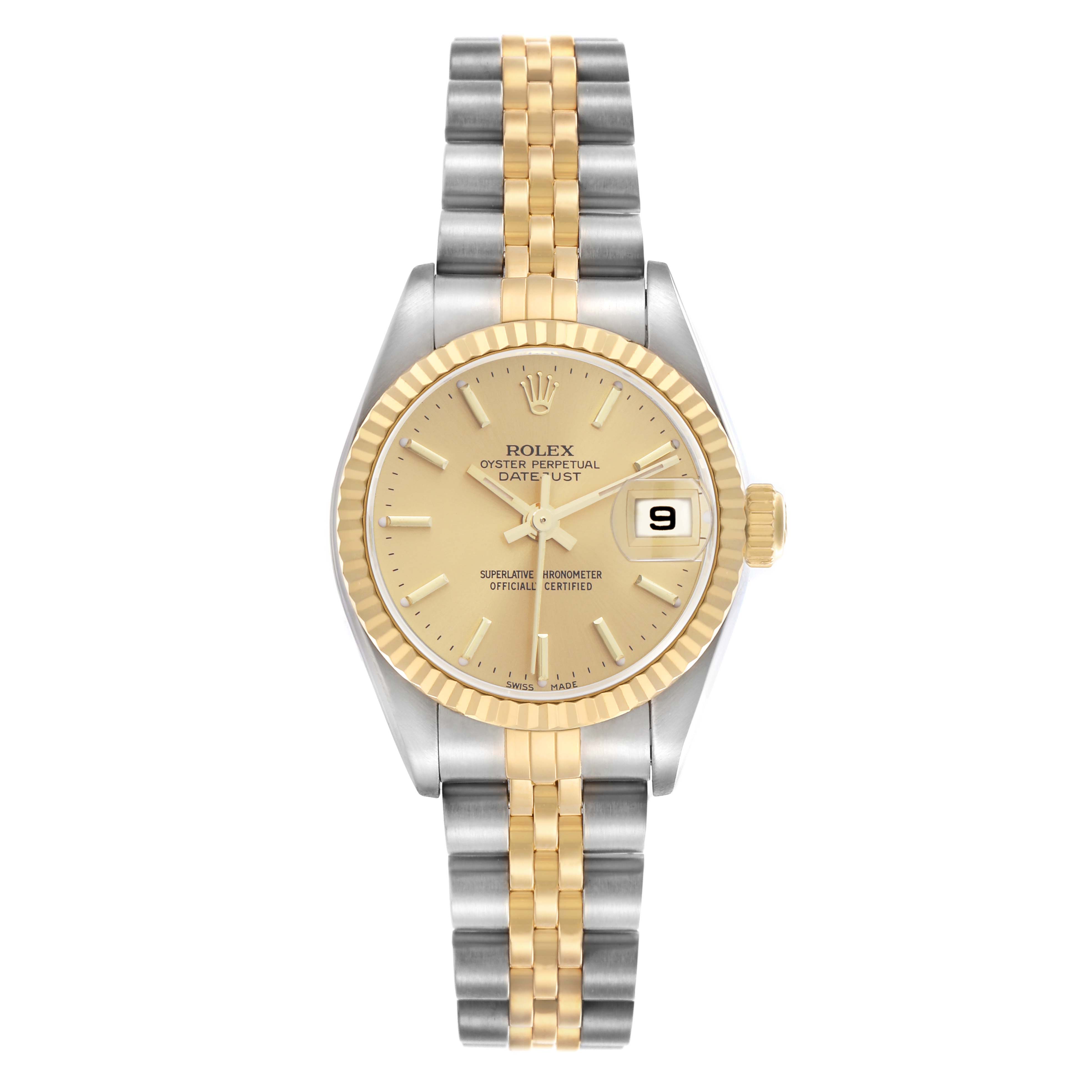 The Rolex Datejust model 79173 is shown from a top-down angle, highlighting the face, bezel, and two-tone bracelet.