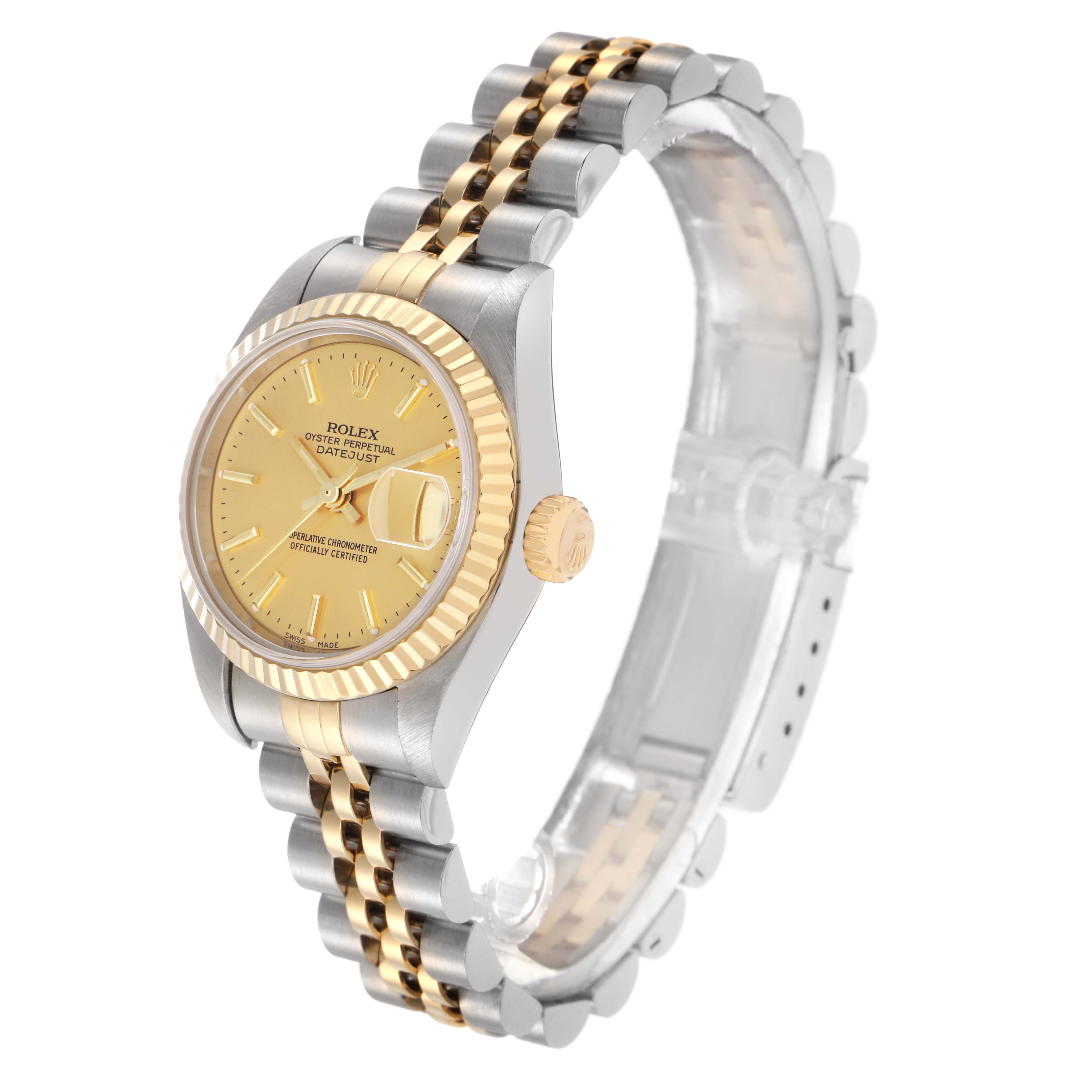 The Rolex Datejust model 79173 is shown at a three-quarter angle, highlighting the gold and silver jubilee bracelet, fluted bezel, and dial with date window.