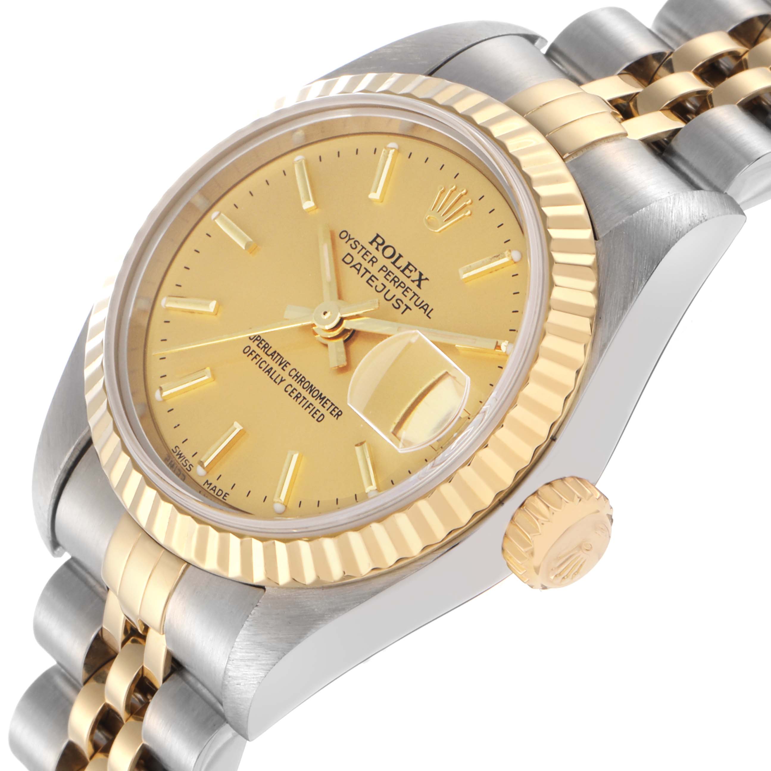 The image shows the Rolex Datejust model 79173 from a side angle, highlighting the gold dial, bezel, crown, and part of the bracelet.