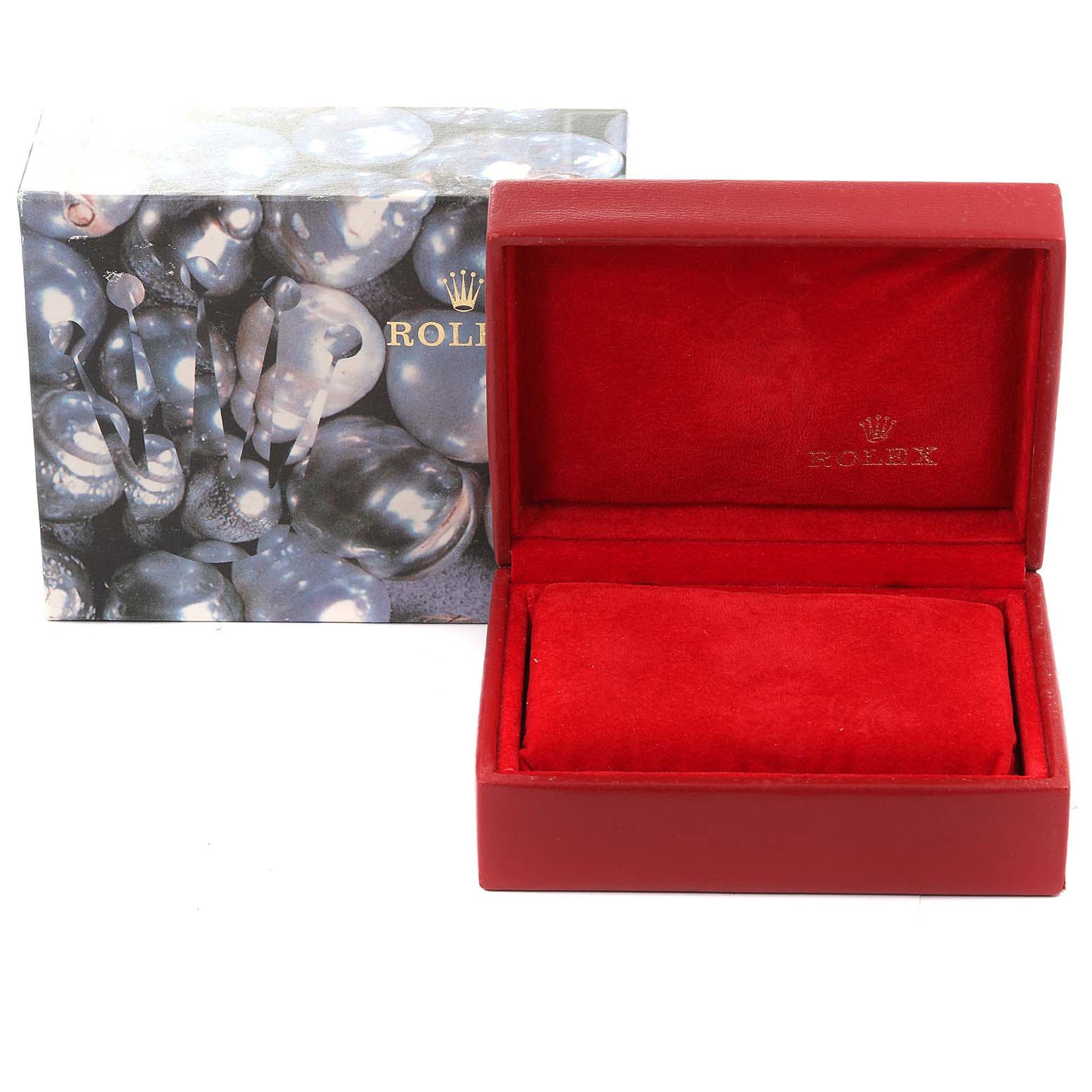 The image shows a Rolex Datejust 69163 Women
s Steel and Gold (two tone) Mother of Pearl Dial 69163 Women
s Steel and Gold (two tone) Mother of Pearl Dial watch box and its open red velvet interior display.