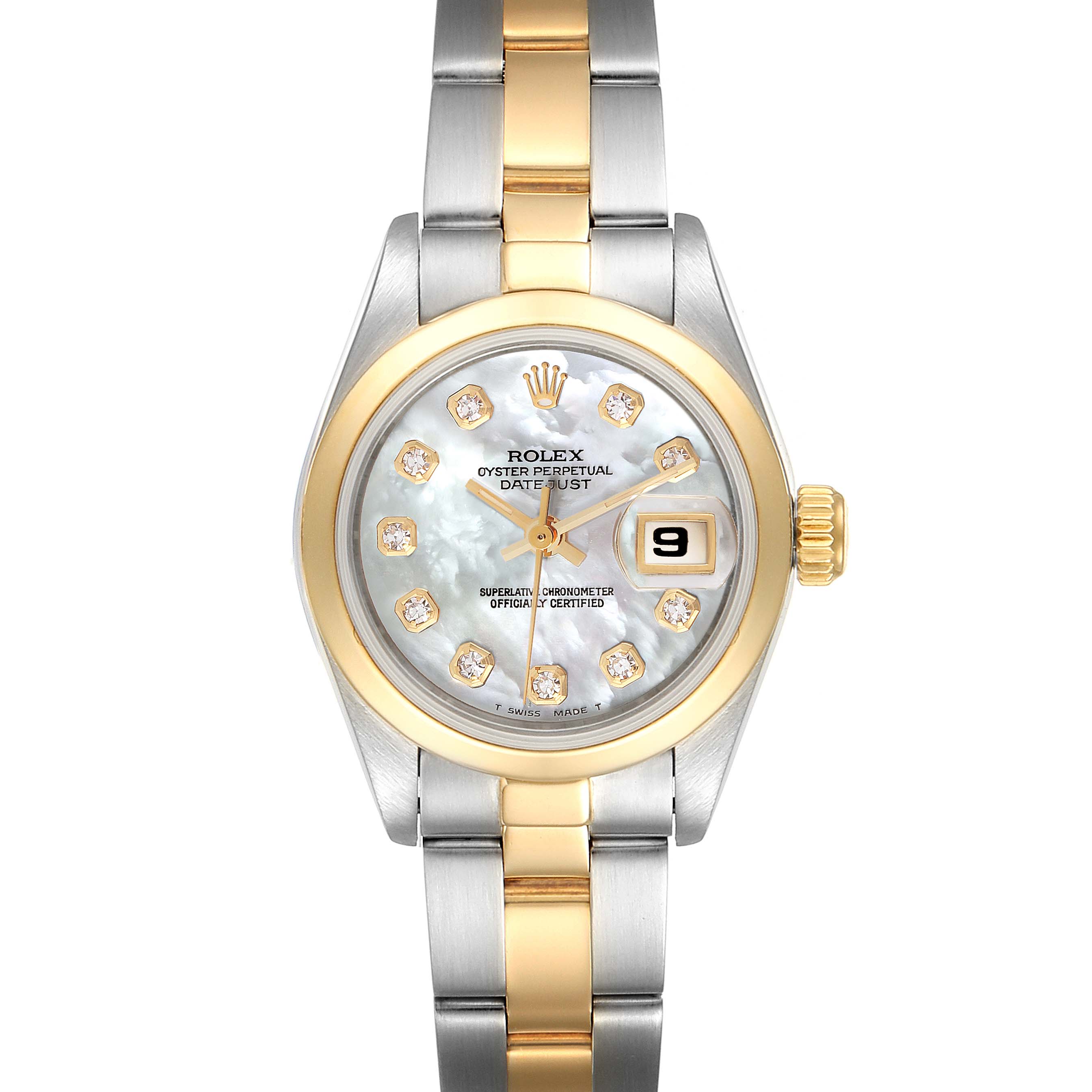 This image shows a front view of a Rolex Datejust 69163 Women
s Steel and Gold (two tone) Mother of Pearl Dial 69163 Women
s Steel and Gold (two tone) Mother of Pearl Dial watch, highlighting the dial, bezel, and two-tone bracelet.