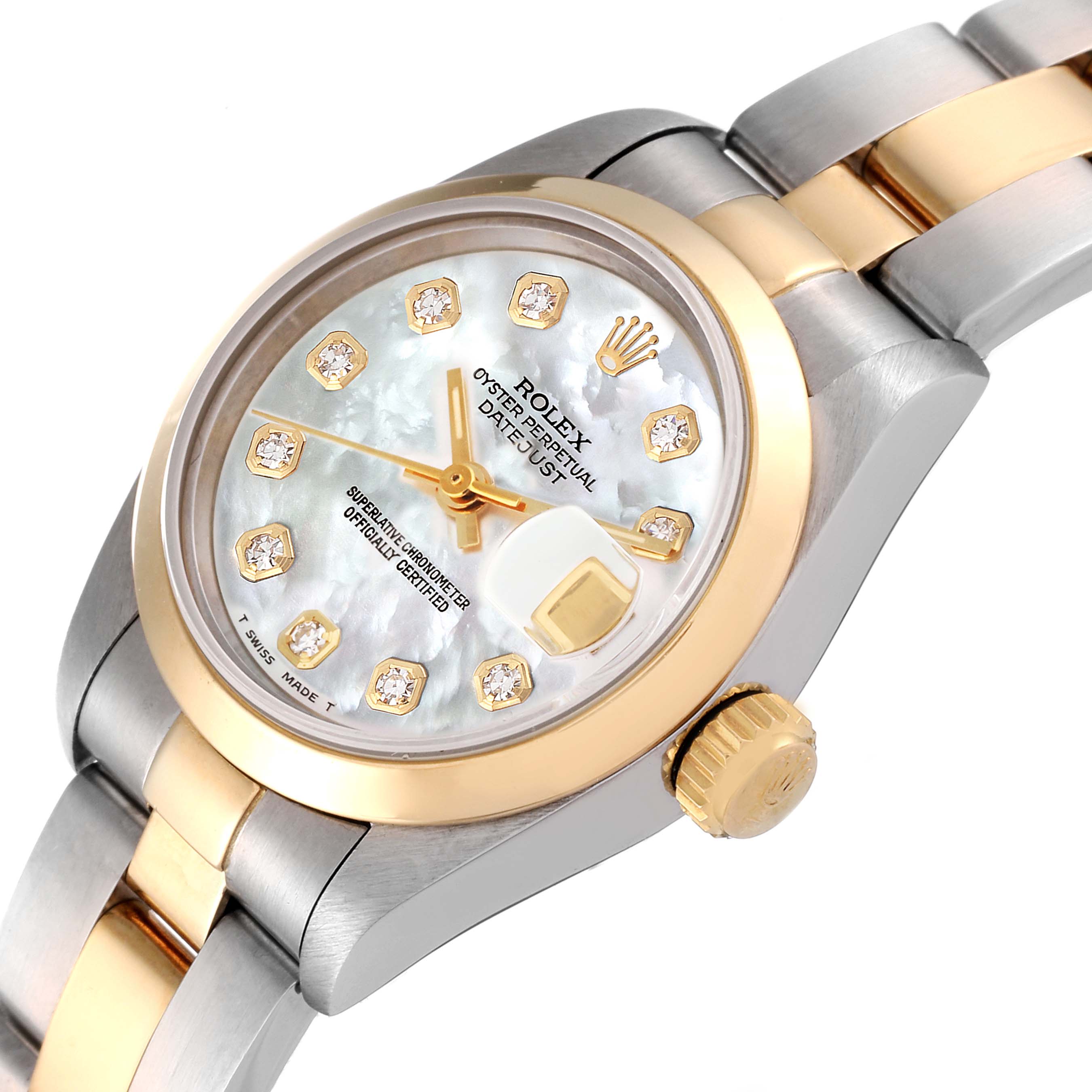 The Rolex Datejust 69163 Women
s Steel and Gold (two tone) Mother of Pearl Dial 69163 Women
s Steel and Gold (two tone) Mother of Pearl Dial watch is shown at a three-quarter angle, highlighting its dial, crown, and part of its bracelet.