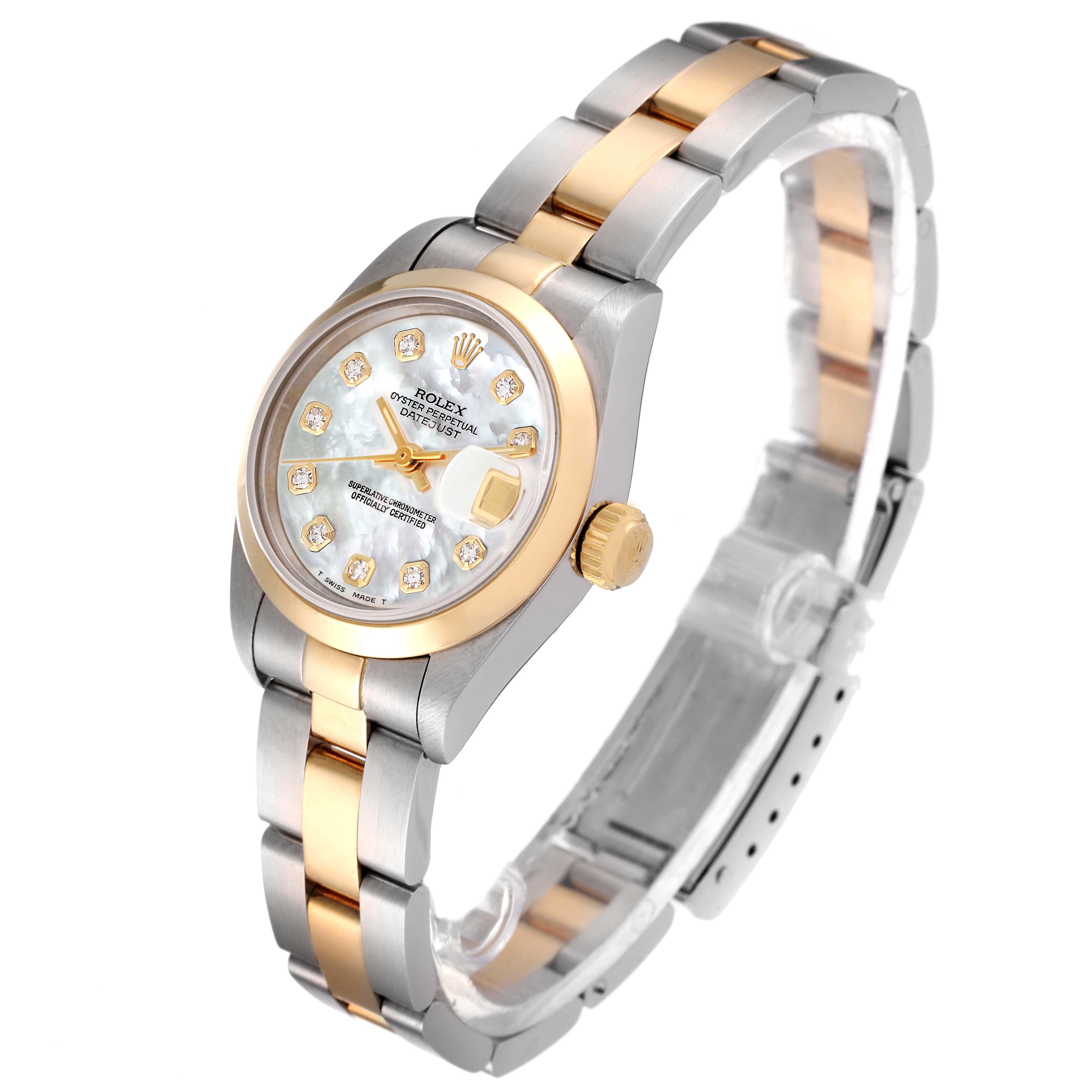 The image shows a Rolex Datejust 69163 Women
s Steel and Gold (two tone) Mother of Pearl Dial 69163 Women
s Steel and Gold (two tone) Mother of Pearl Dial watch at a three-quarter angle, highlighting its two-tone bracelet and mother-of-pearl dial.