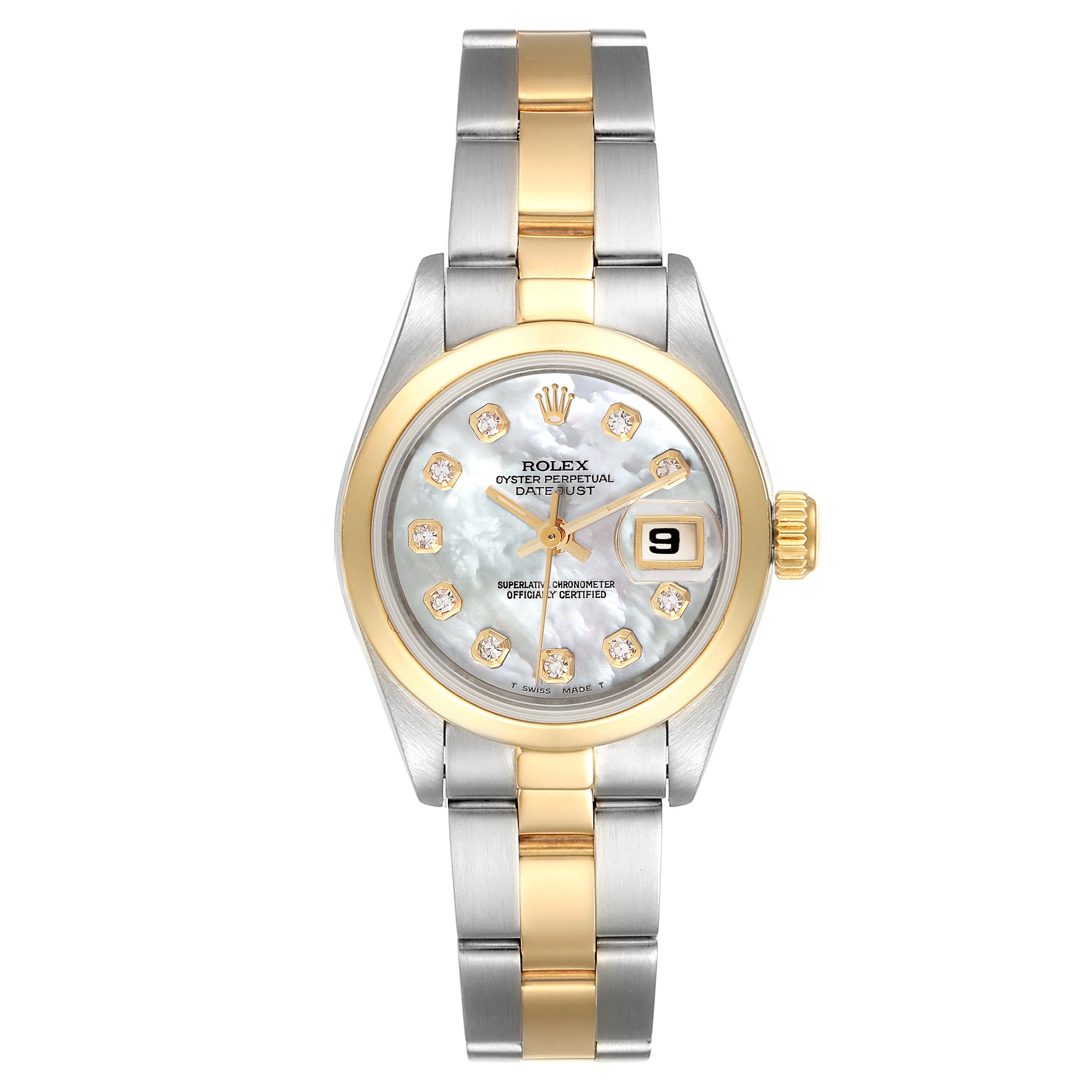 The Rolex Datejust 69163 Women
s Steel and Gold (two tone) Mother of Pearl Dial 69163 Women
s Steel and Gold (two tone) Mother of Pearl Dial watch is shown from the front, displaying its face, bezel, and two-tone metal bracelet.