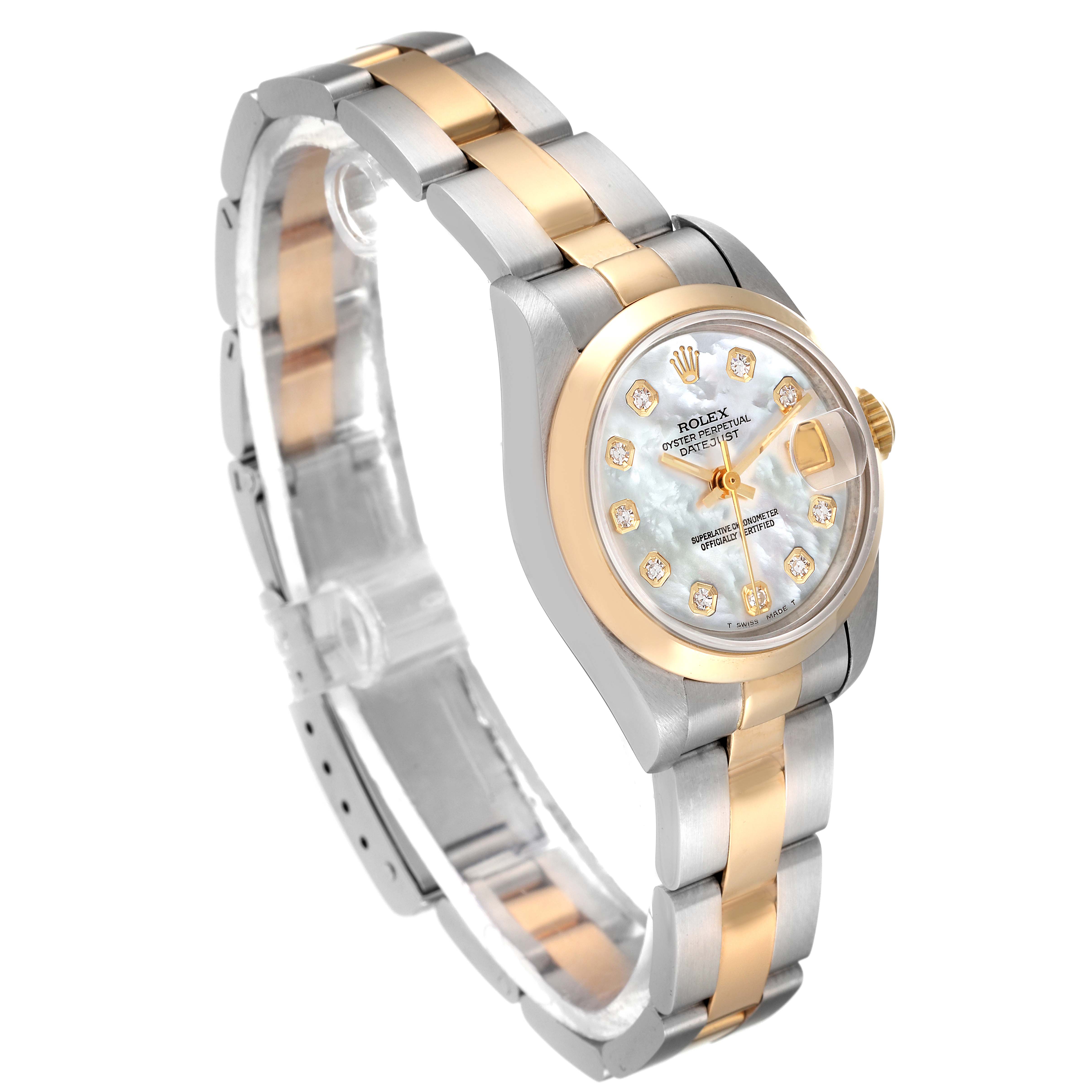 This image shows a Rolex Datejust 69163 Women
s Steel and Gold (two tone) Mother of Pearl Dial 69163 Women
s Steel and Gold (two tone) Mother of Pearl Dial watch at a three-quarter angle, displaying its case, dial, bracelet, and crown.