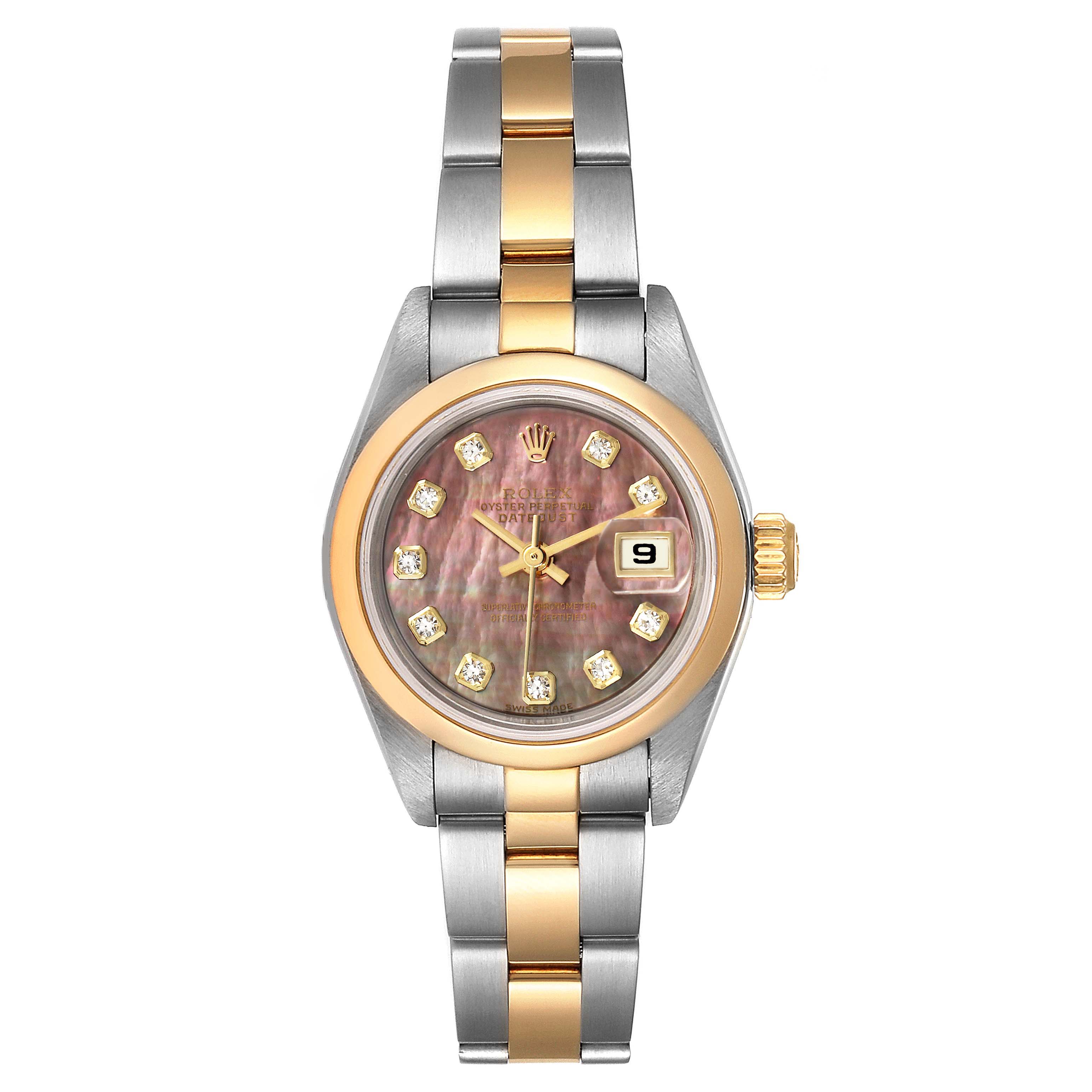 The image shows a frontal view of the Rolex Datejust 79163 Women
s Steel and Gold (two tone) Mother of Pearl Dial 79163 Women
s Steel and Gold (two tone) Mother of Pearl Dial watch, displaying its face, bezel, and bracelet.