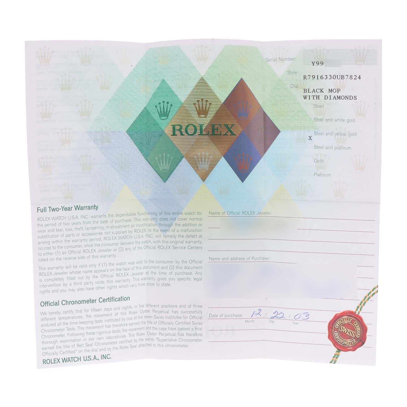 The image shows a warranty and certification document for a Rolex Datejust 79163 Women
s Steel and Gold (two tone) Mother of Pearl Dial 79163 Women
s Steel and Gold (two tone) Mother of Pearl Dial model watch.